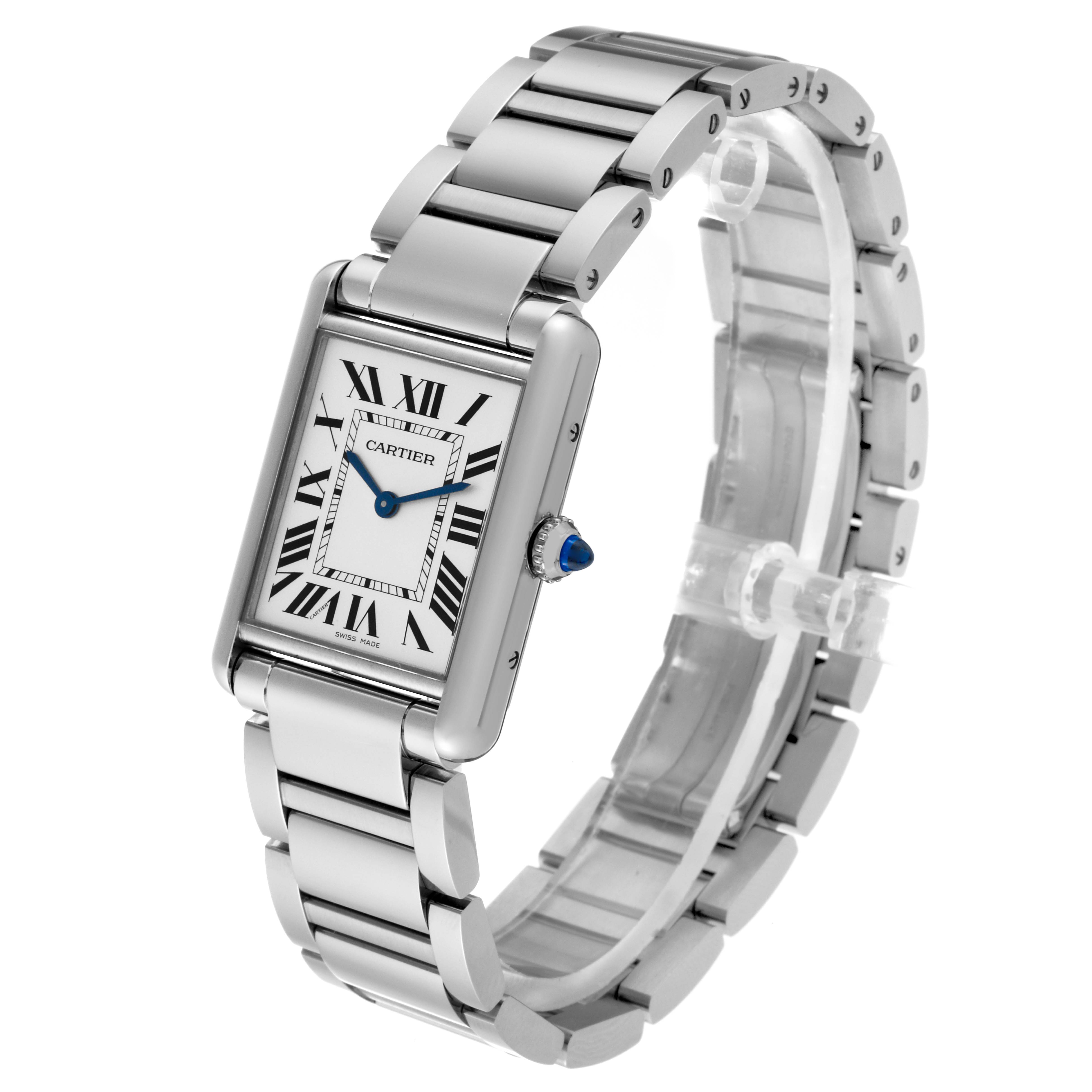 The image shows a Cartier Tank Must WSTA0052 Women's Stainless Steel Silver Dial WSTA0052 Women's Stainless Steel Silver Dial watch at a three-quarter angle, highlighting its rectangular face and metal bracelet.