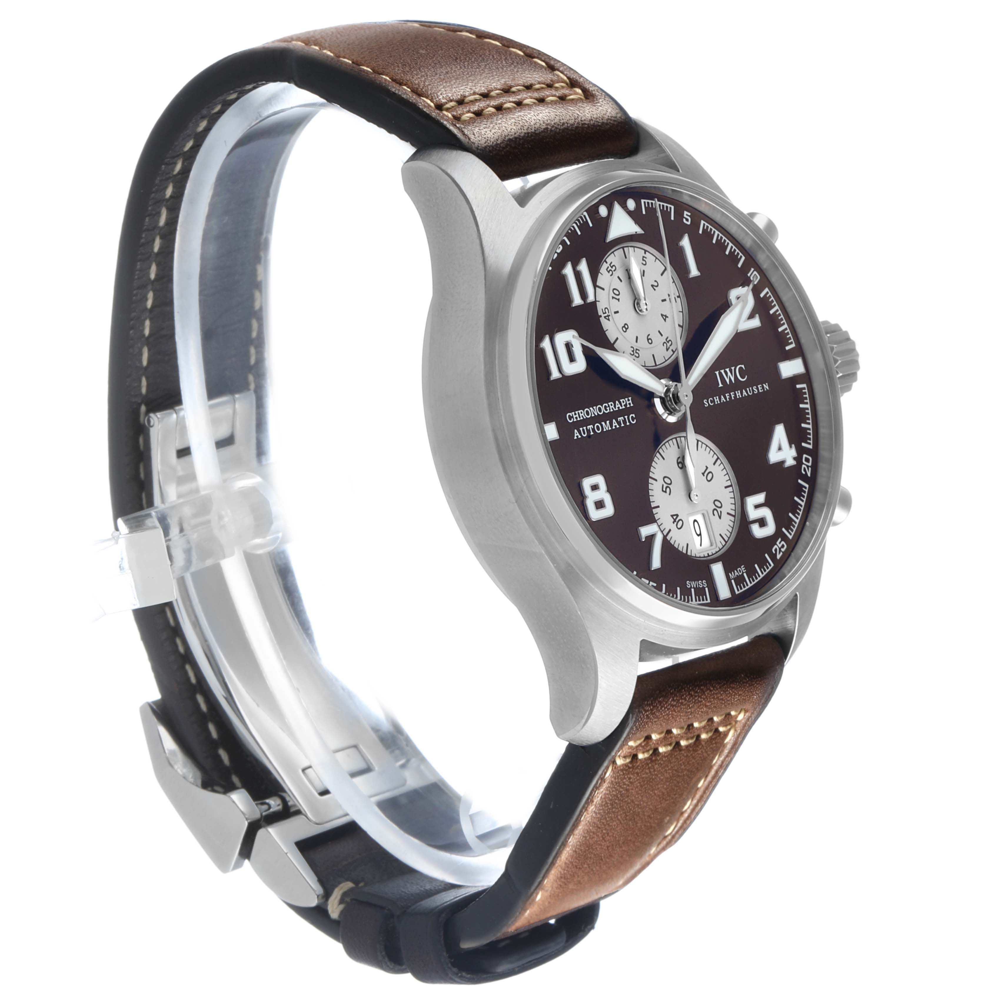 The IWC Pilot IW387806 Men's Stainless Steel Brown Dial model is shown at a three-quarter angle, highlighting the dial, crown, and strap.