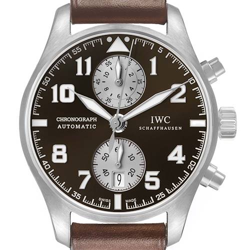 The IWC Pilot IW387806 Men's Stainless Steel Brown Dial watch is shown from a front angle, displaying its dial, chronograph sub-dials, and leather strap.