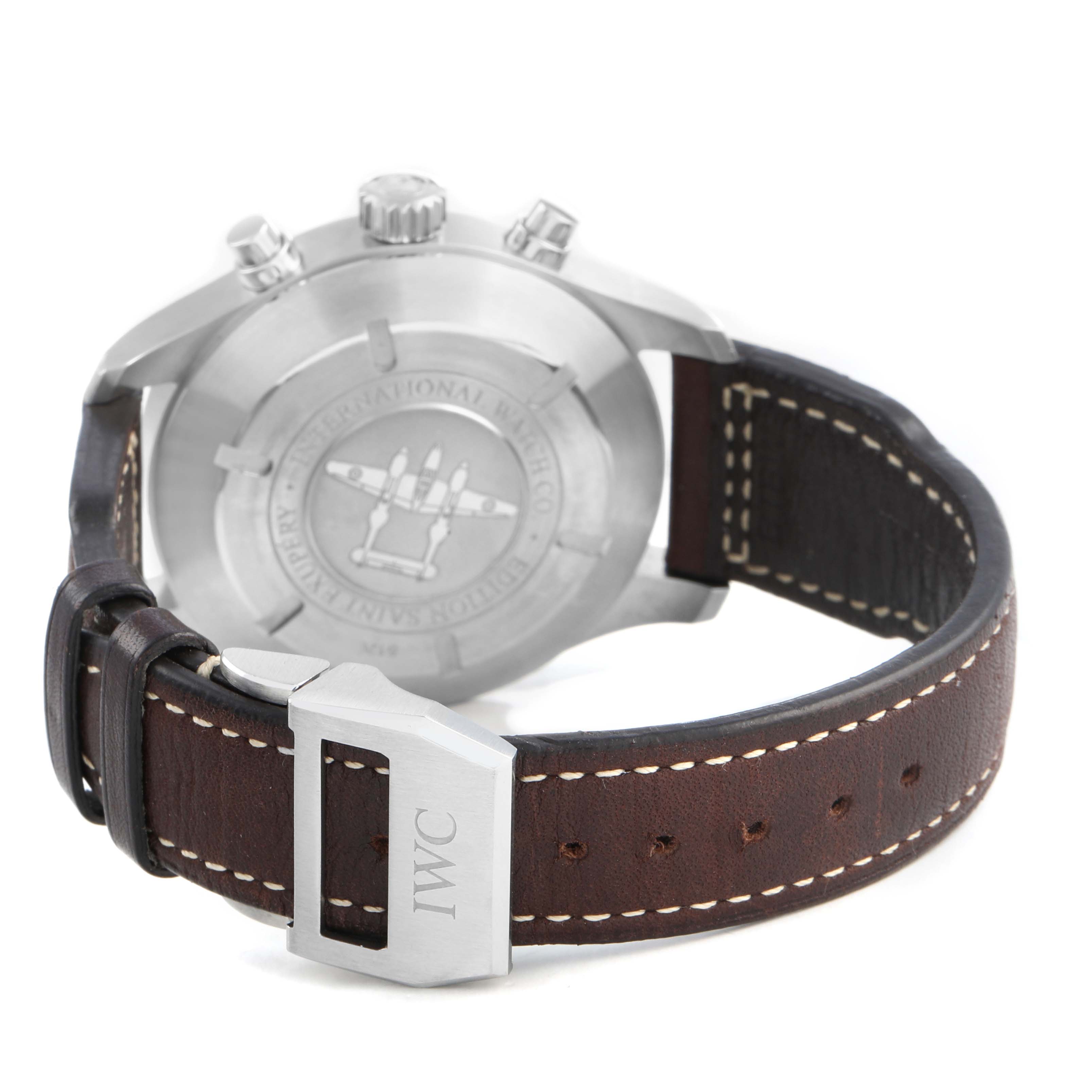 The IWC Pilot IW387806 Men's Stainless Steel Brown Dial watch is shown from the back, highlighting the case back, crown, pushers, and brown leather strap with buckle.