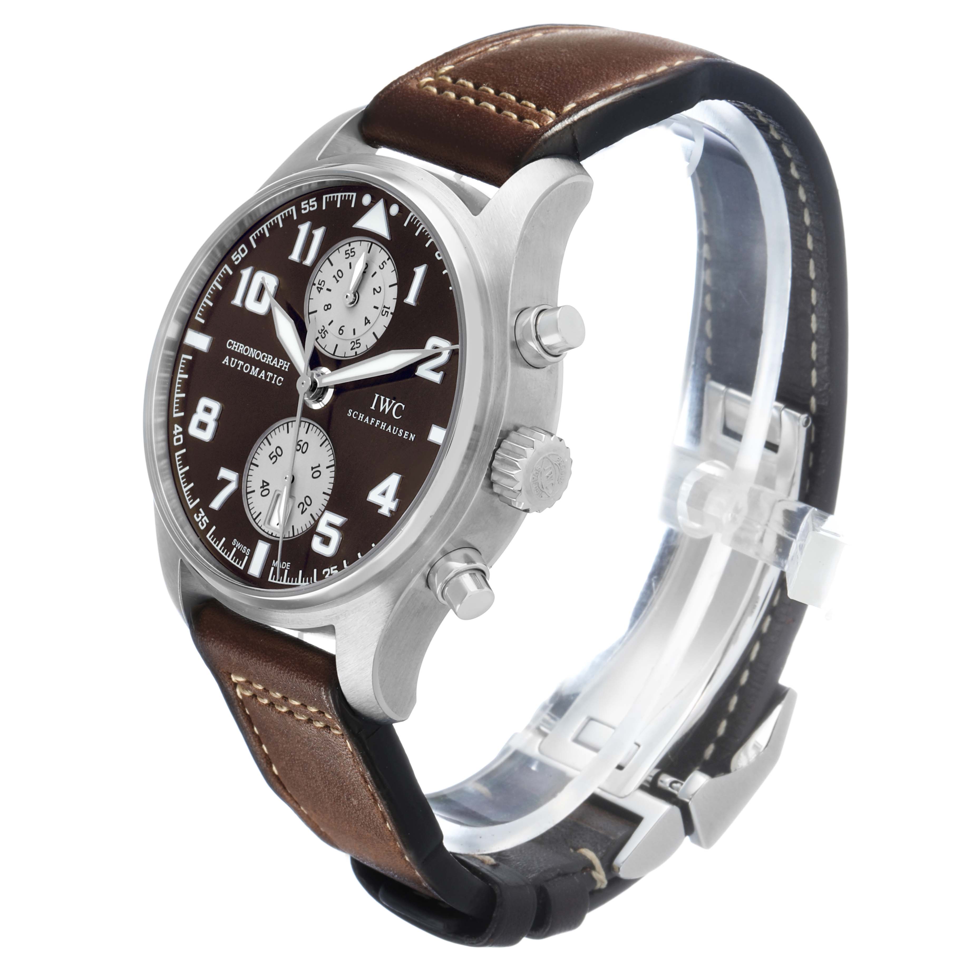 The IWC Pilot IW387806 Men's Stainless Steel Brown Dial model is shown at a 3/4 angle, highlighting the dial, crown, pushers, and leather strap.