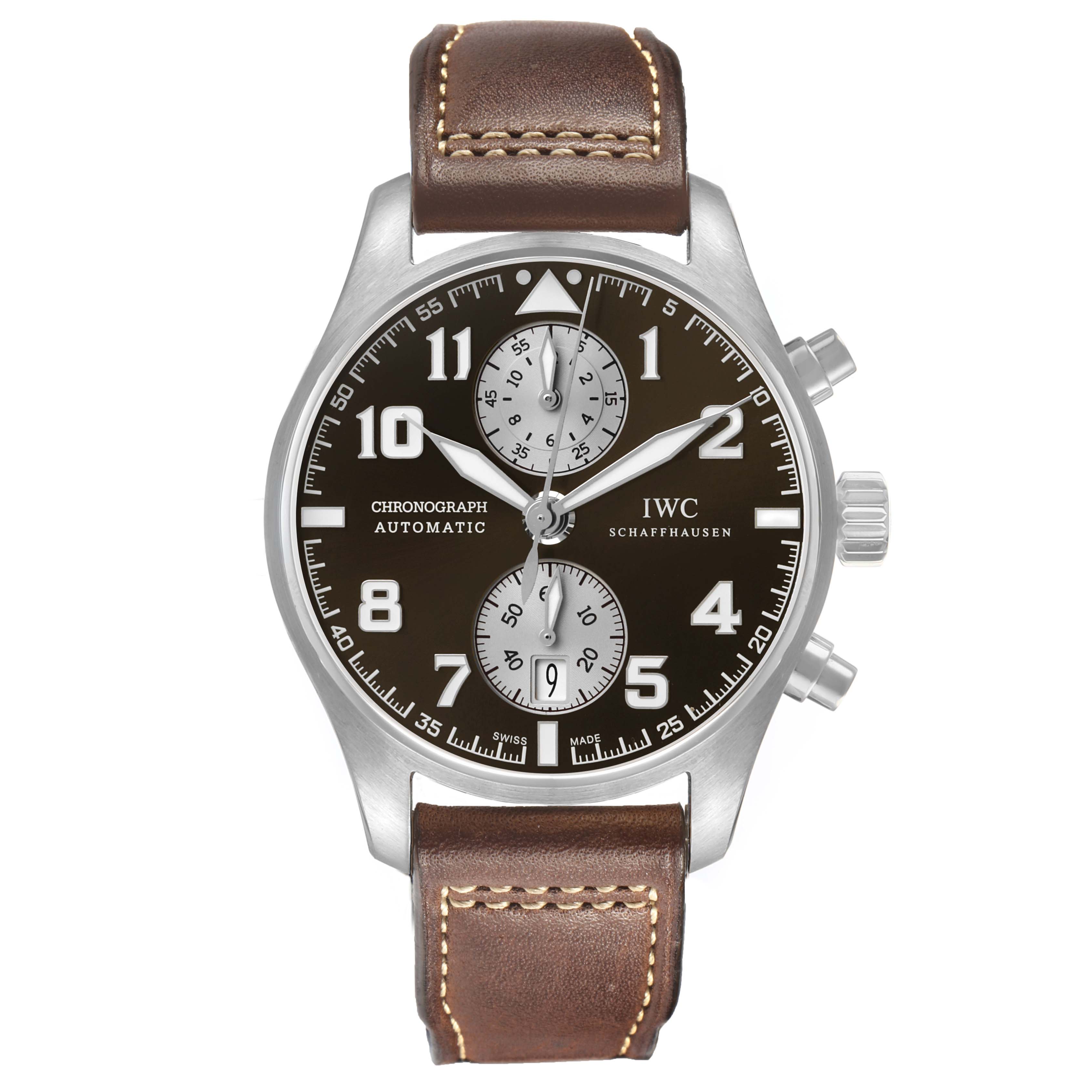 The IWC Pilot IW387806 Men's Stainless Steel Brown Dial model watch is shown from a front view, displaying the dial, chronograph, and leather strap.
