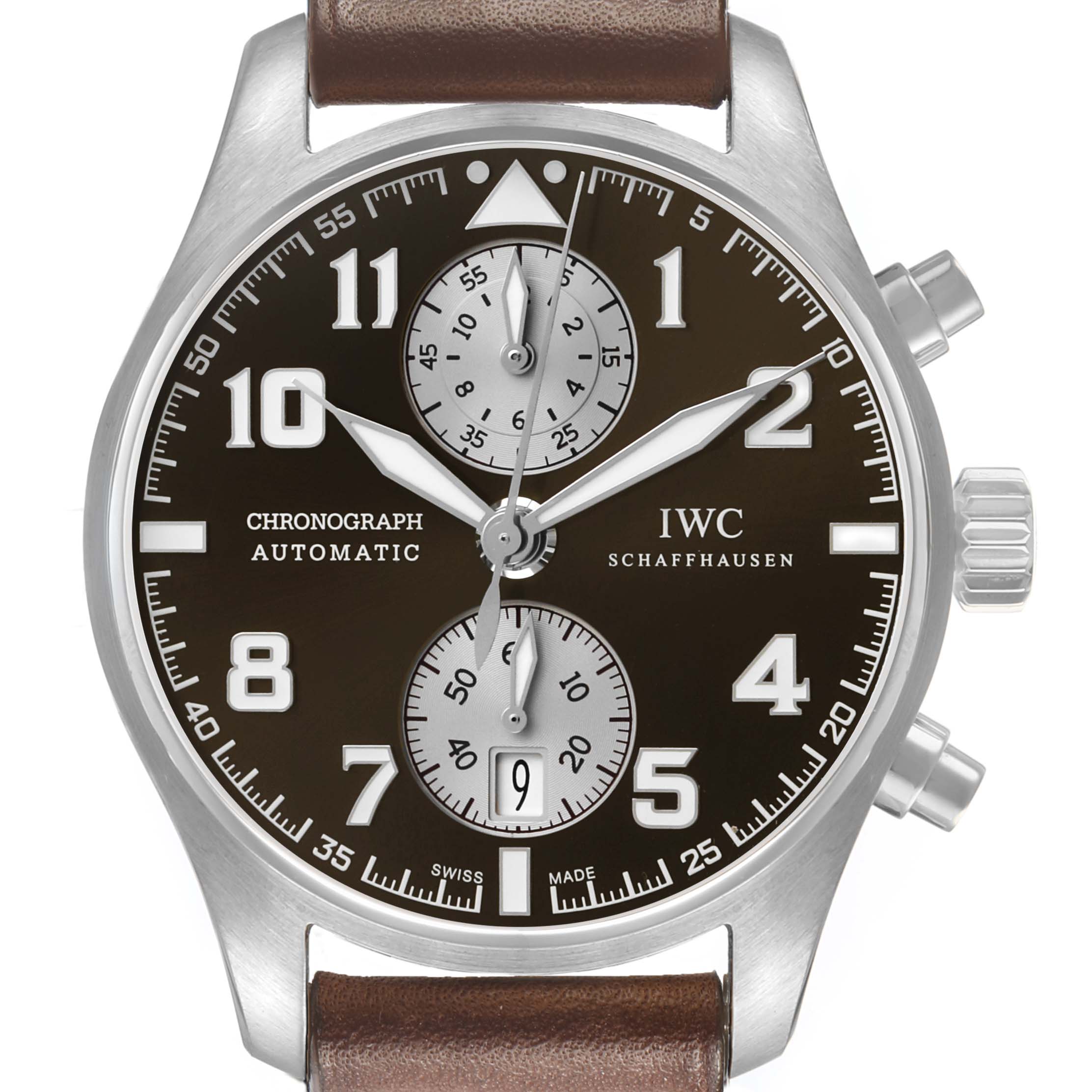 The IWC Pilot IW387806 Men's Stainless Steel Brown Dial model is shown from a front angle, highlighting its dial, chronograph subdials, and crown, with a brown leather strap.