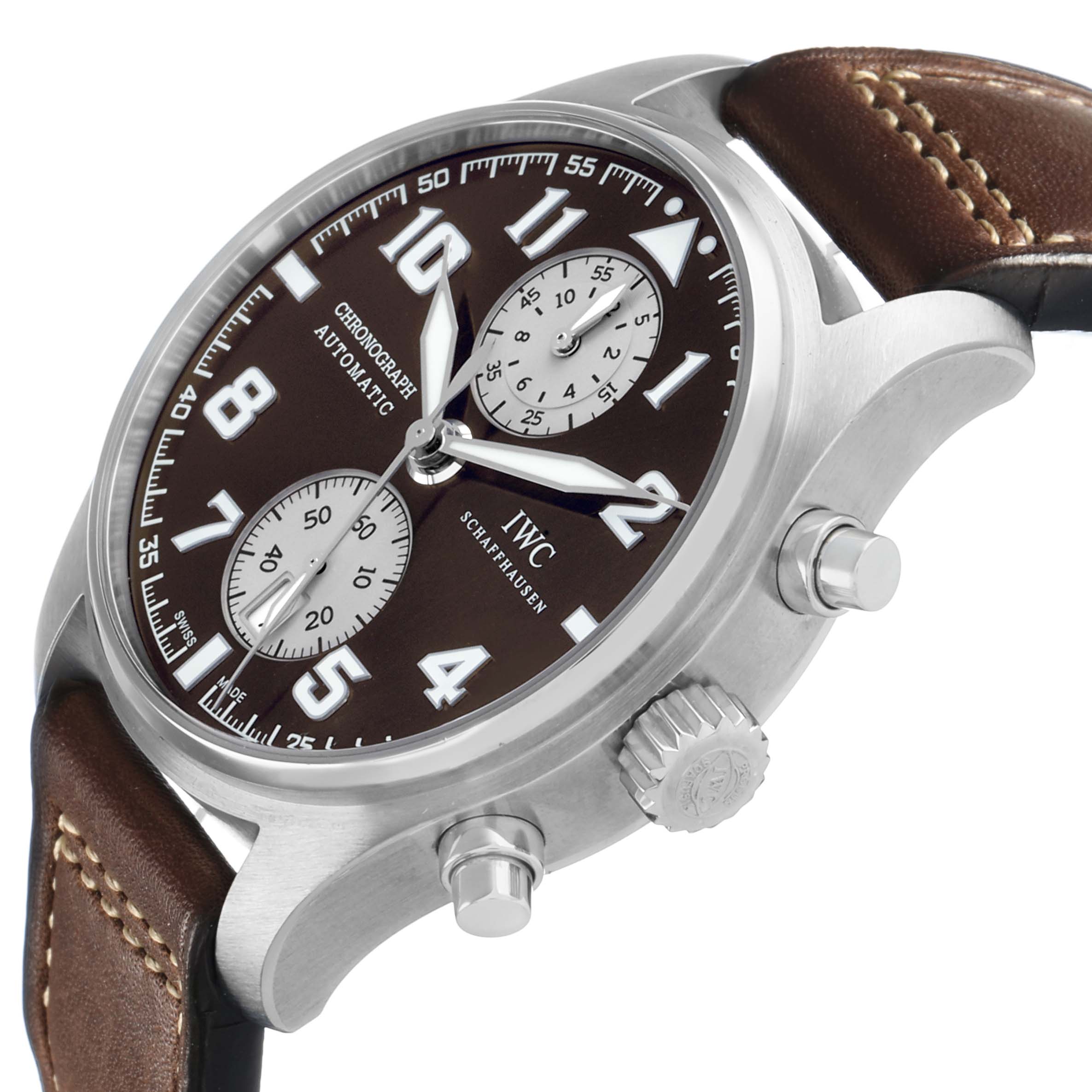 The IWC Pilot IW387806 Men's Stainless Steel Brown Dial watch is shown from a side angle, displaying its brown dial, subdials, crown, pushers, and brown strap.