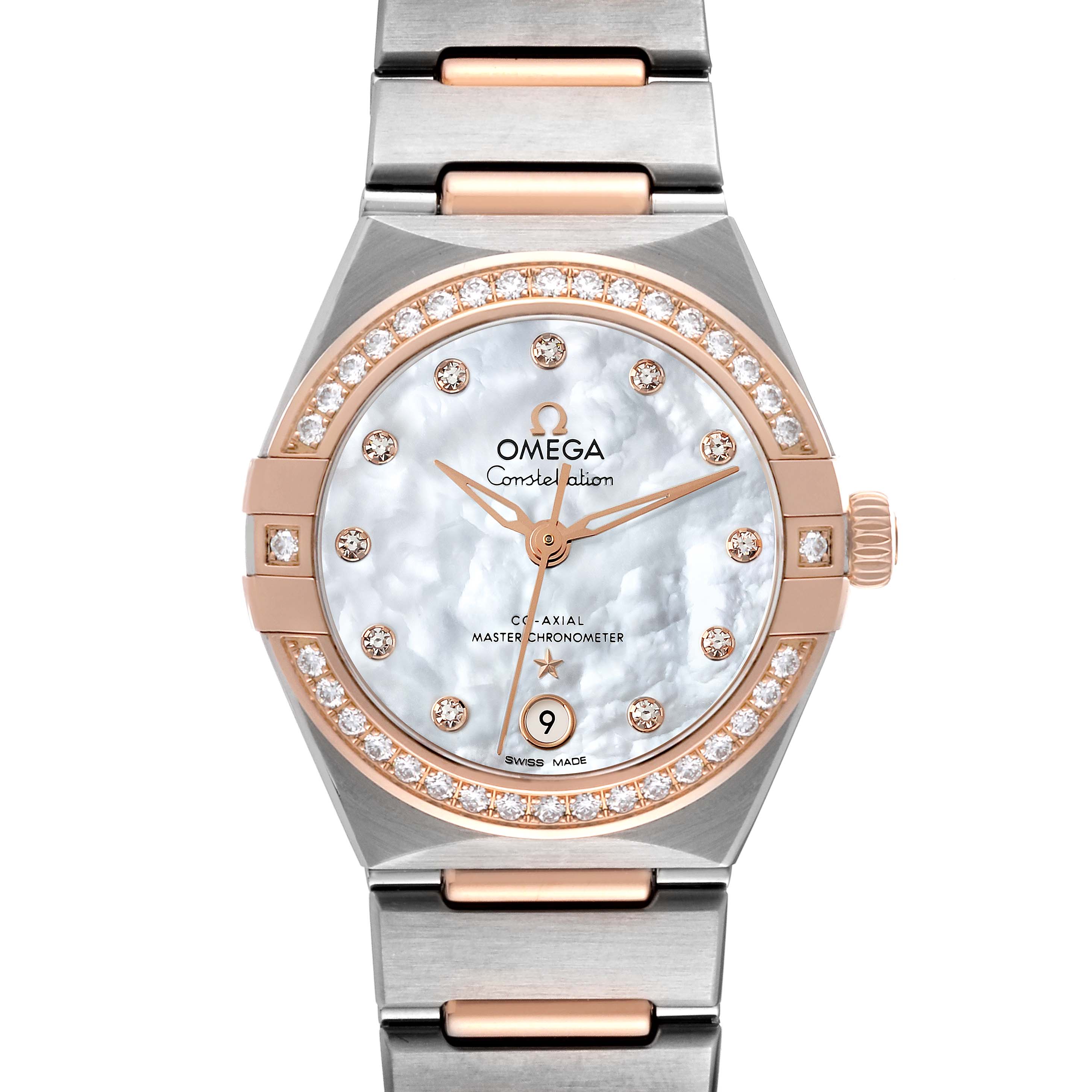 The Omega 131.25.29.20.55.001 Women's Steel and Gold (two tone) Mother of Pearl Dial 131.25.29.20.55.001 Women's Steel and Gold (two tone) Mother of Pearl Dial Constellation Steel Rose Gold Diamond Ladies Watch model 131.25.29.20.55.001 is shown from the front, highlighting its dial and bracelet.