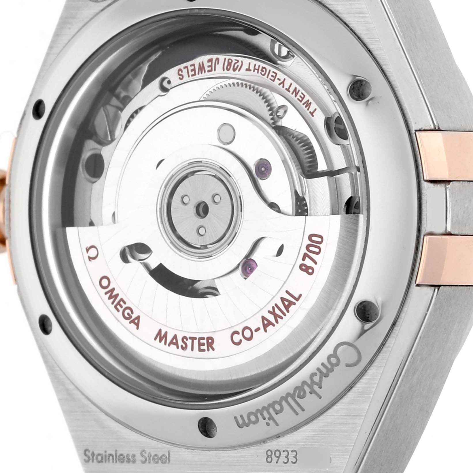 This image shows the back view of the Omega 131.25.29.20.55.001 Women's Steel and Gold (two tone) Mother of Pearl Dial 131.25.29.20.55.001 Women's Steel and Gold (two tone) Mother of Pearl Dial Constellation Steel Rose Gold Diamond Ladies Watch model 131.25.29.20.55.001, revealing its movement.