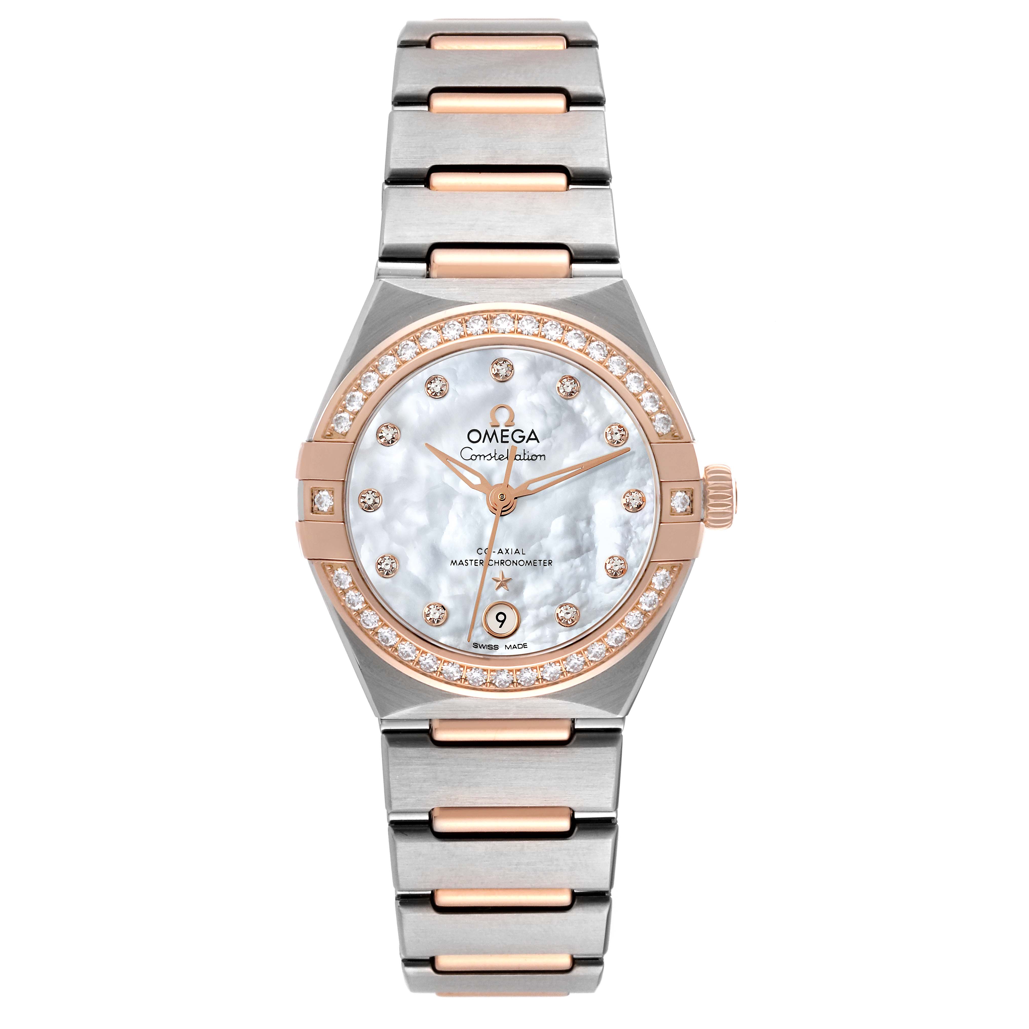 The image shows a frontal view of the Omega 131.25.29.20.55.001 Women's Steel and Gold (two tone) Mother of Pearl Dial 131.25.29.20.55.001 Women's Steel and Gold (two tone) Mother of Pearl Dial Constellation Steel Rose Gold Diamond Ladies Watch 131.25.29.20.55.001.