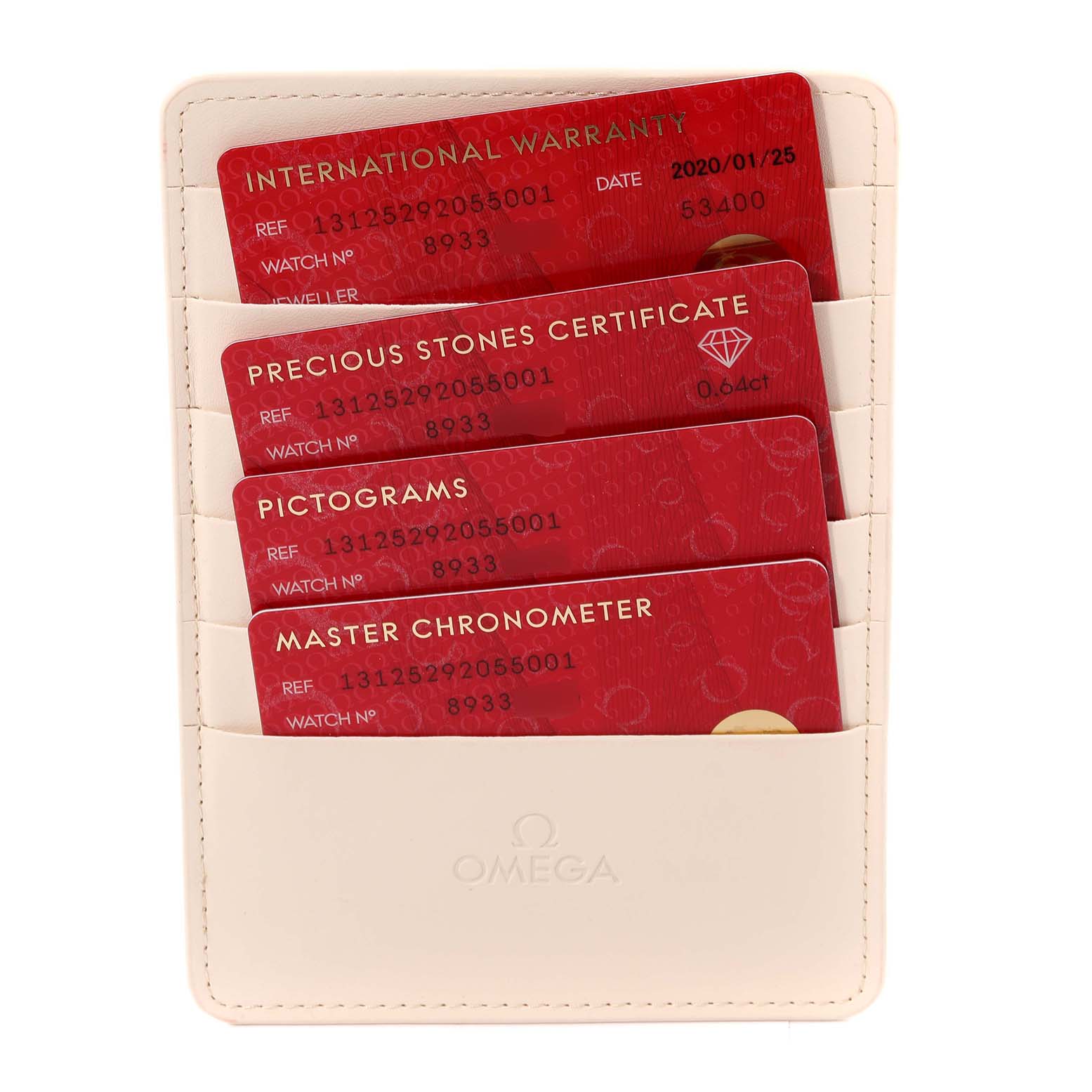 This image shows warranty cards for the Omega 131.25.29.20.55.001 Women's Steel and Gold (two tone) Mother of Pearl Dial 131.25.29.20.55.001 Women's Steel and Gold (two tone) Mother of Pearl Dial Constellation Steel Rose Gold Diamond Ladies Watch 131.25.29.20.55.001 in a holder.