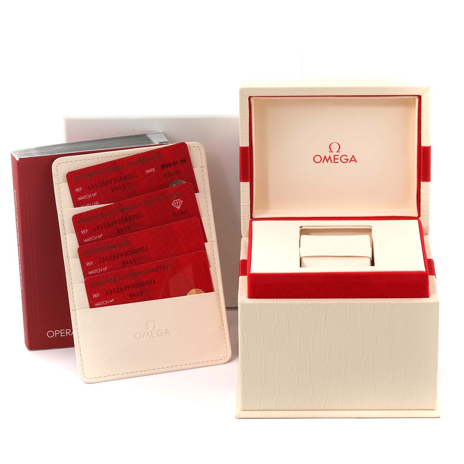 This image shows the packaging, cards, and open box of an Omega 131.25.29.20.55.001 Women's Steel and Gold (two tone) Mother of Pearl Dial 131.25.29.20.55.001 Women's Steel and Gold (two tone) Mother of Pearl Dial Constellation Steel Rose Gold Diamond Ladies Watch model 131.25.29.20.55.001.