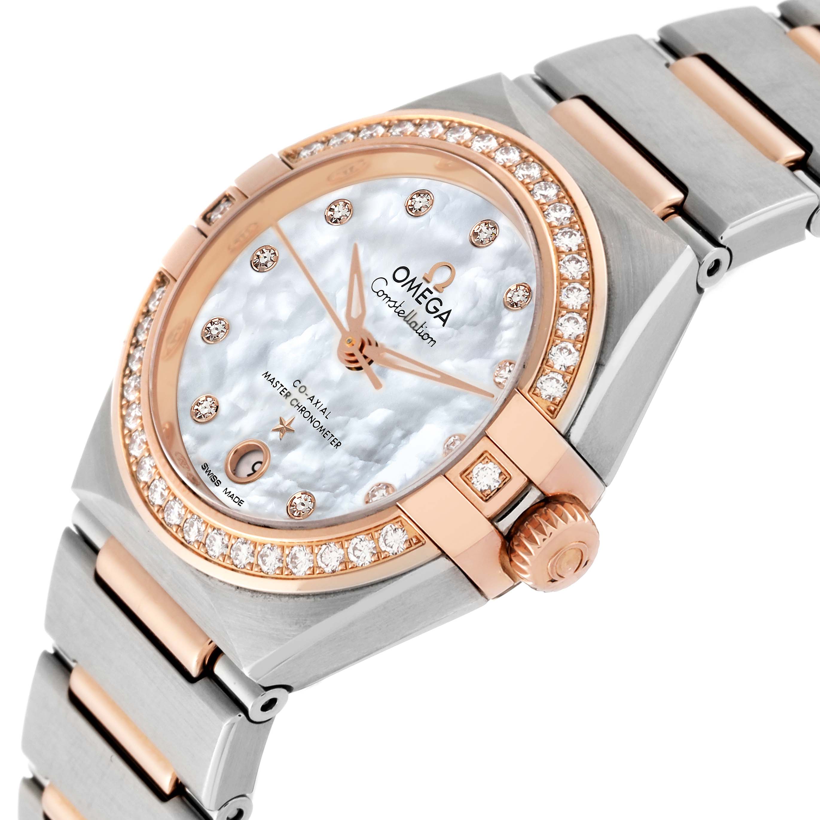 The angle shows a close-up of the Omega 131.25.29.20.55.001 Women's Steel and Gold (two tone) Mother of Pearl Dial 131.25.29.20.55.001 Women's Steel and Gold (two tone) Mother of Pearl Dial Constellation Steel Rose Gold Diamond Ladies Watch 131.25.29.20.55.001, highlighting the dial and part of the bracelet.