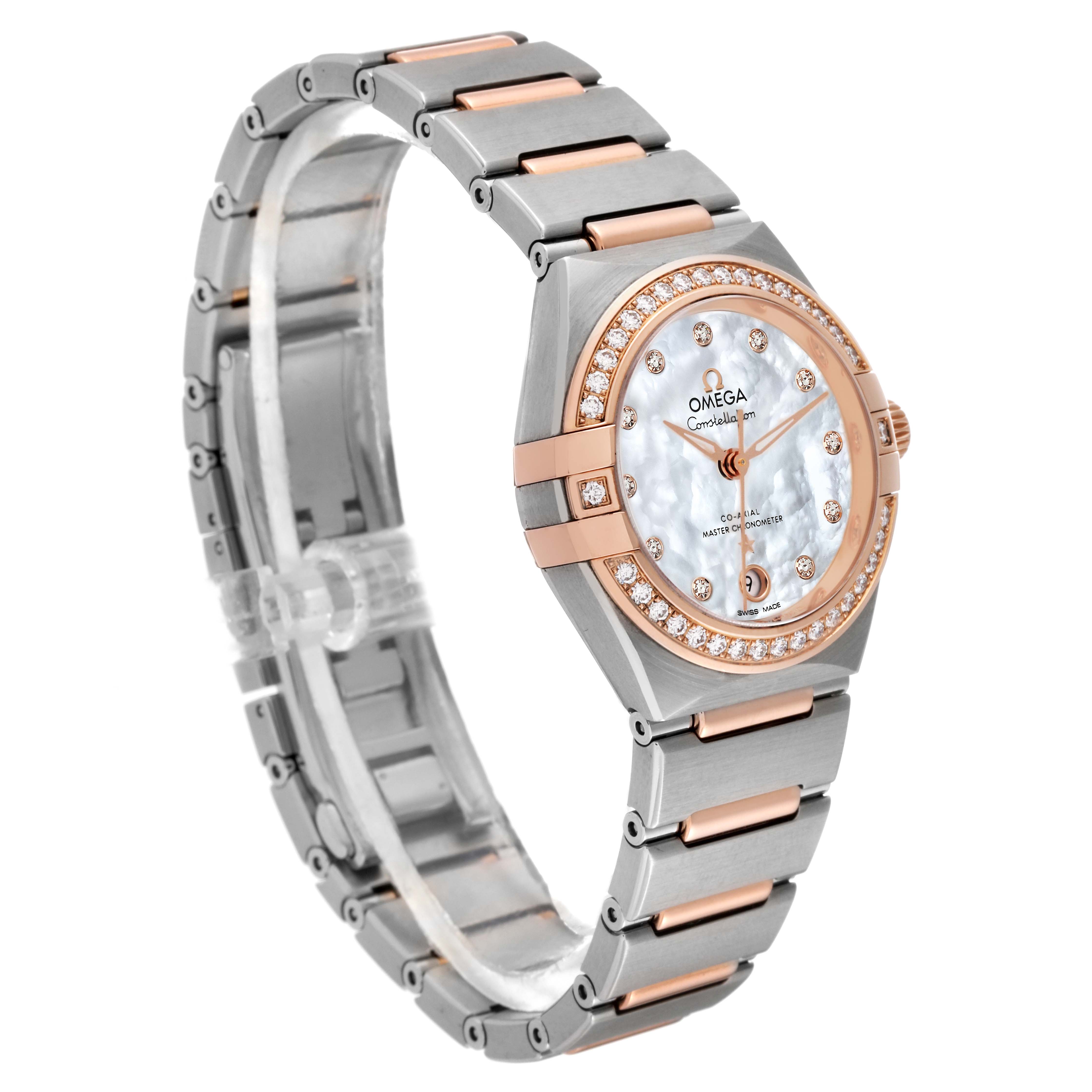 The image shows an angled side view of the Omega 131.25.29.20.55.001 Women's Steel and Gold (two tone) Mother of Pearl Dial 131.25.29.20.55.001 Women's Steel and Gold (two tone) Mother of Pearl Dial Constellation Steel Rose Gold Diamond Ladies Watch 131.25.29.20.55.001, displaying its face and band.