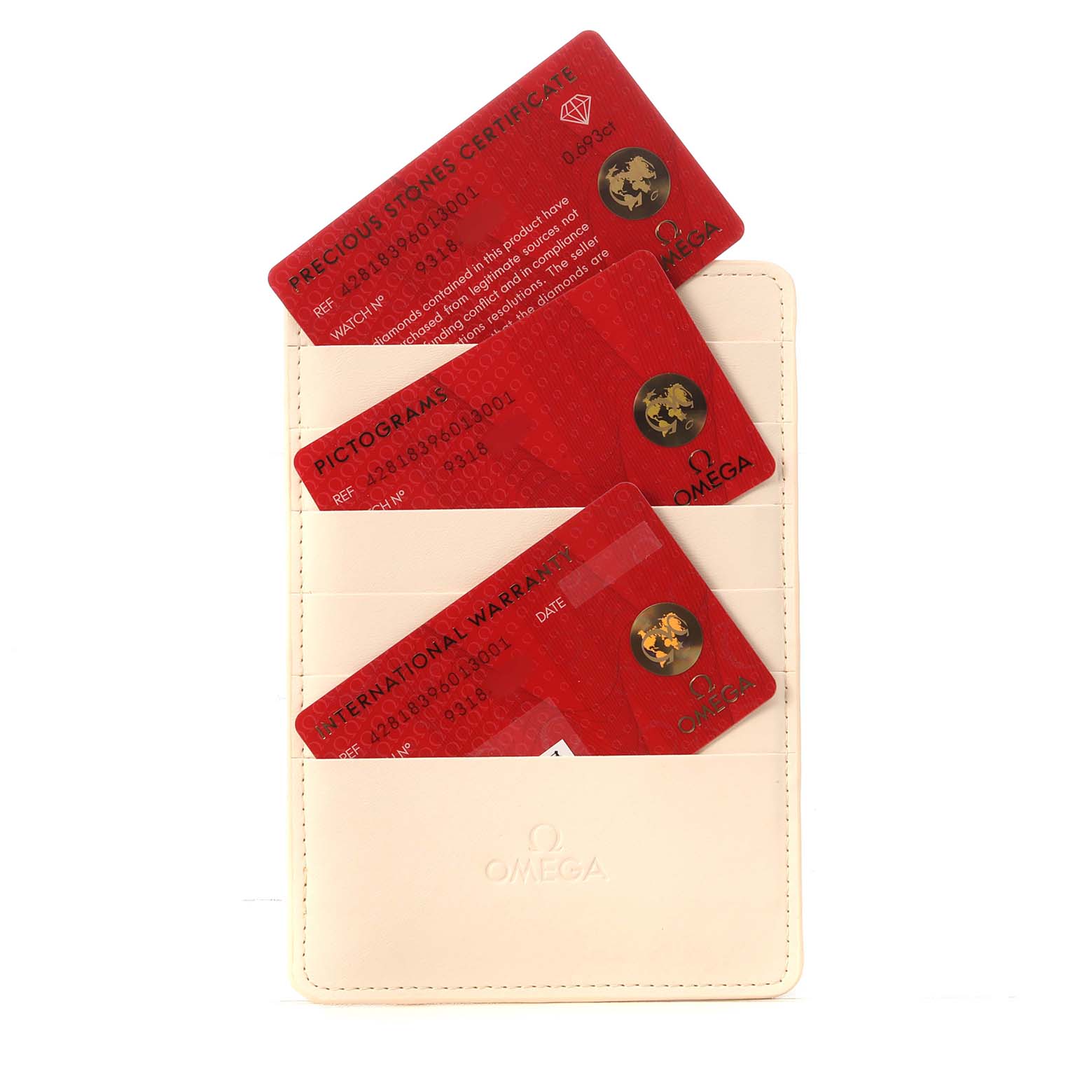 The image shows three red cards for the Omega 428.18.39.60.13.001 Women's Stainless Steel Beige Dial DeVille Tresor model, displayed in a cream cardholder.
