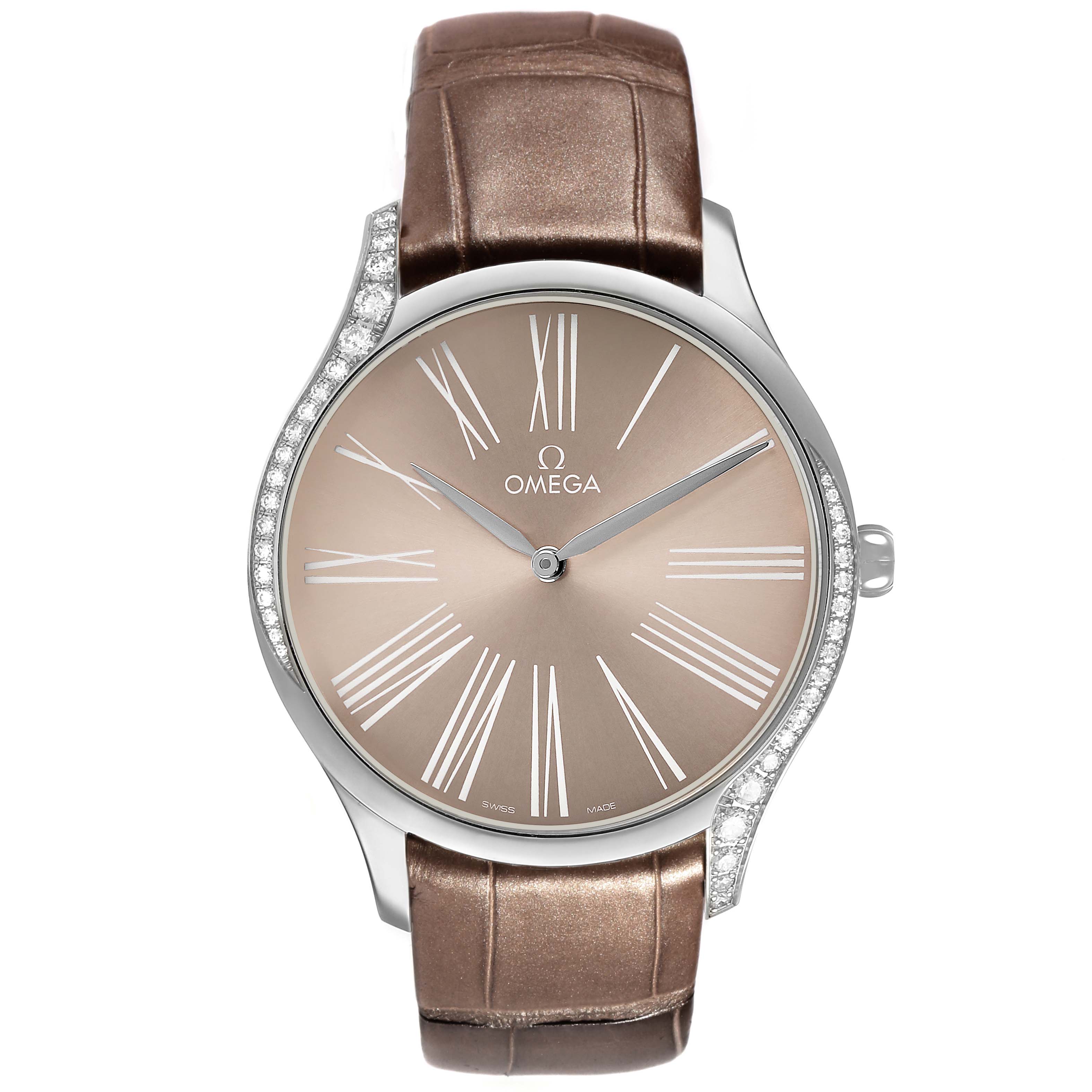 The Omega 428.18.39.60.13.001 Women's Stainless Steel Beige Dial DeVille Tresor Steel Diamond Ladies Watch is shown from the front, displaying the face, diamond accents, and part of the strap.