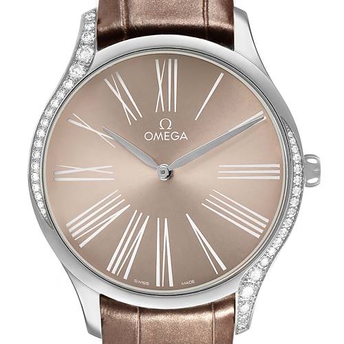 The Omega 428.18.39.60.13.001 Women's Stainless Steel Beige Dial DeVille Tresor Steel Diamond Ladies Watch is shown from a front angle, highlighting its brown dial and diamond-accented bezel.