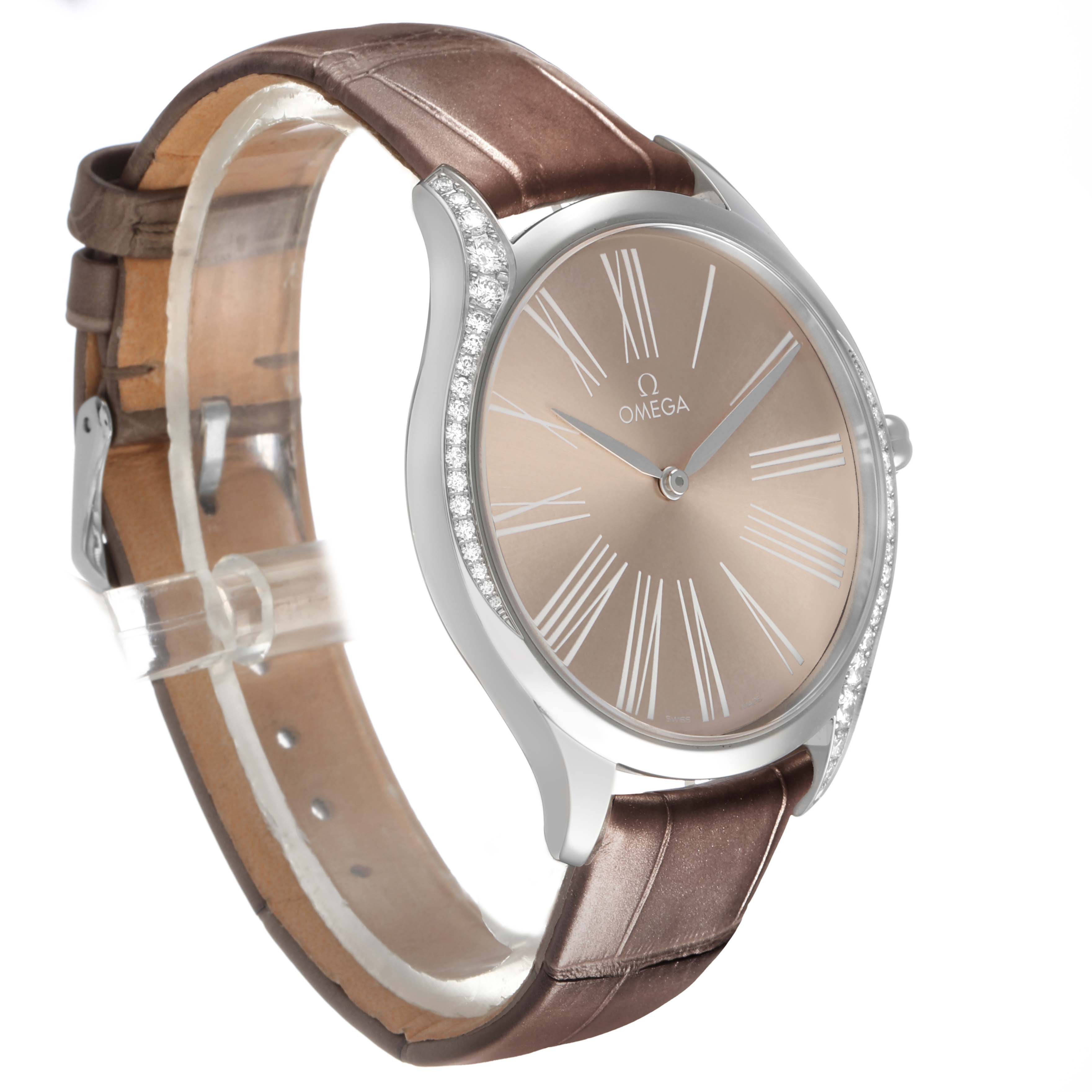 The Omega 428.18.39.60.13.001 Women's Stainless Steel Beige Dial DeVille Tresor Steel Diamond Ladies Watch is shown at a side angle, highlighting the dial, diamond-accented case, and strap.