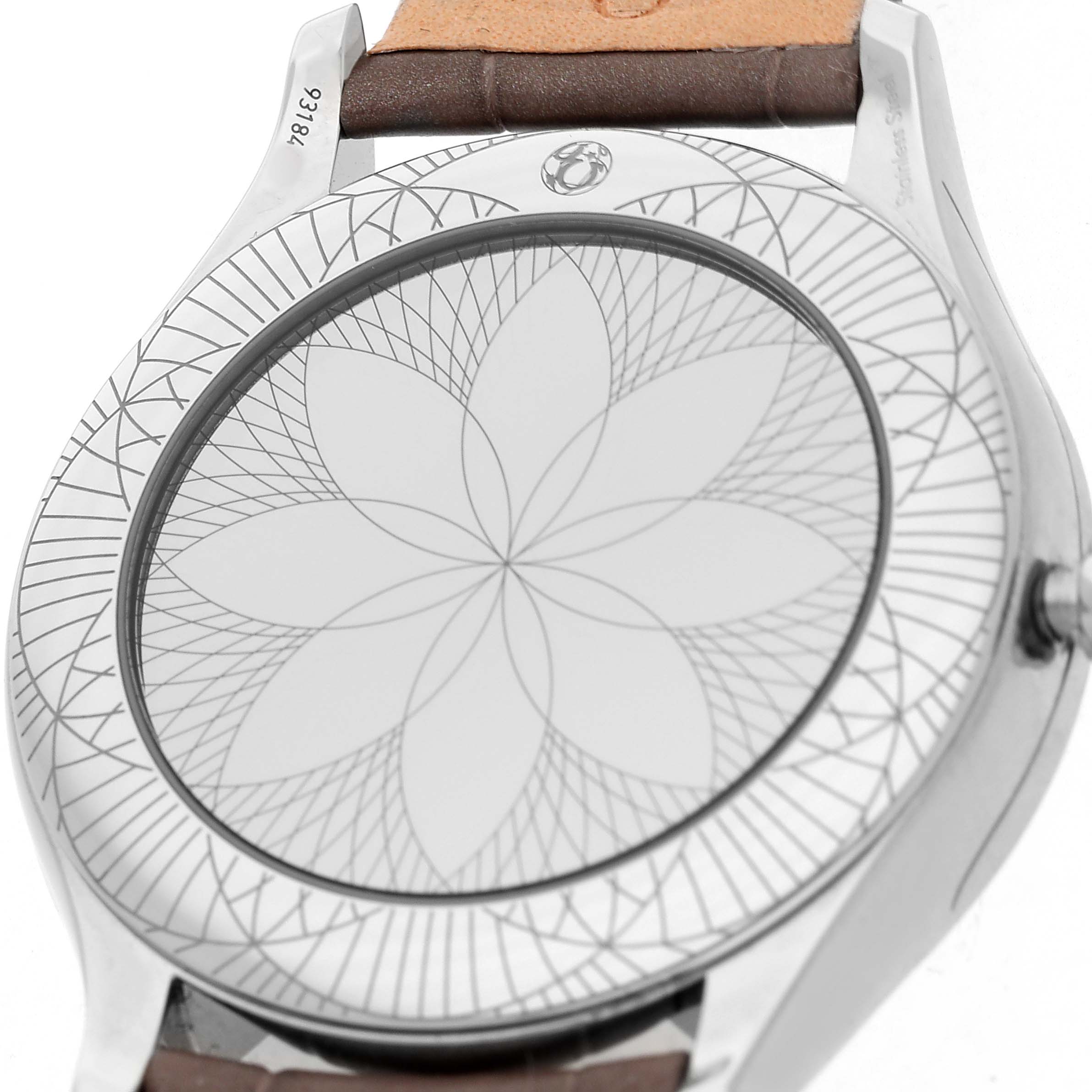 The image shows the back of the Omega 428.18.39.60.13.001 Women's Stainless Steel Beige Dial DeVille Tresor Steel Diamond Ladies Watch, highlighting the intricate case design.