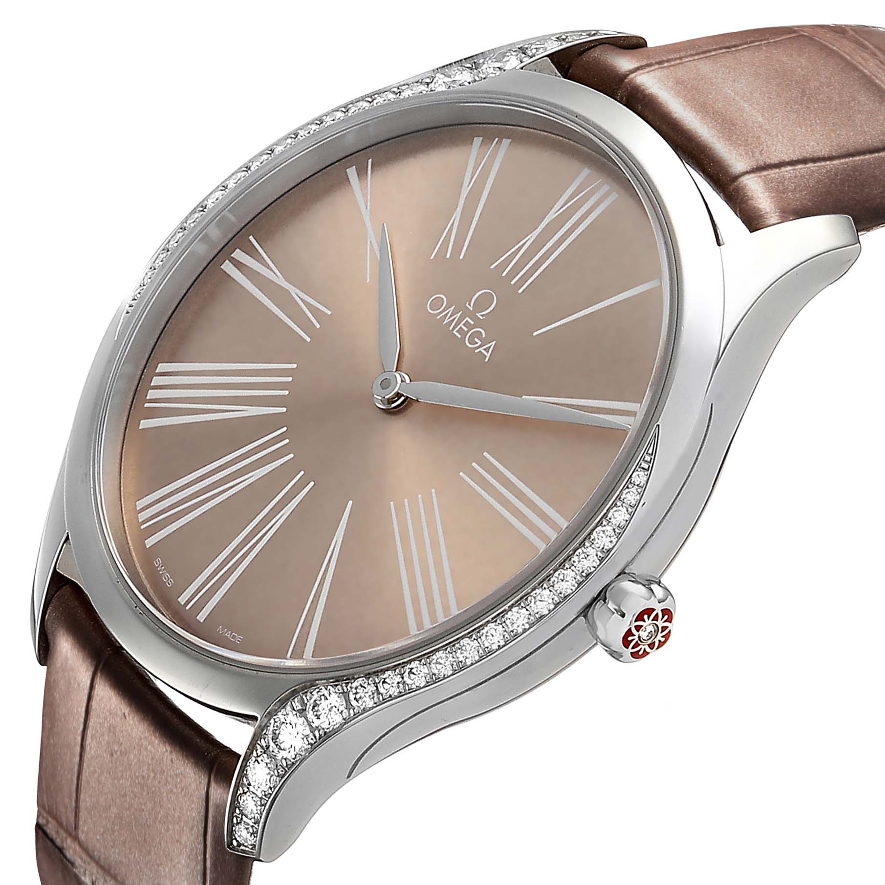 The Omega 428.18.39.60.13.001 Women's Stainless Steel Beige Dial DeVille Tresor watch is shown at an angle highlighting the diamond-set bezel, brown leather strap, and elegant face design.