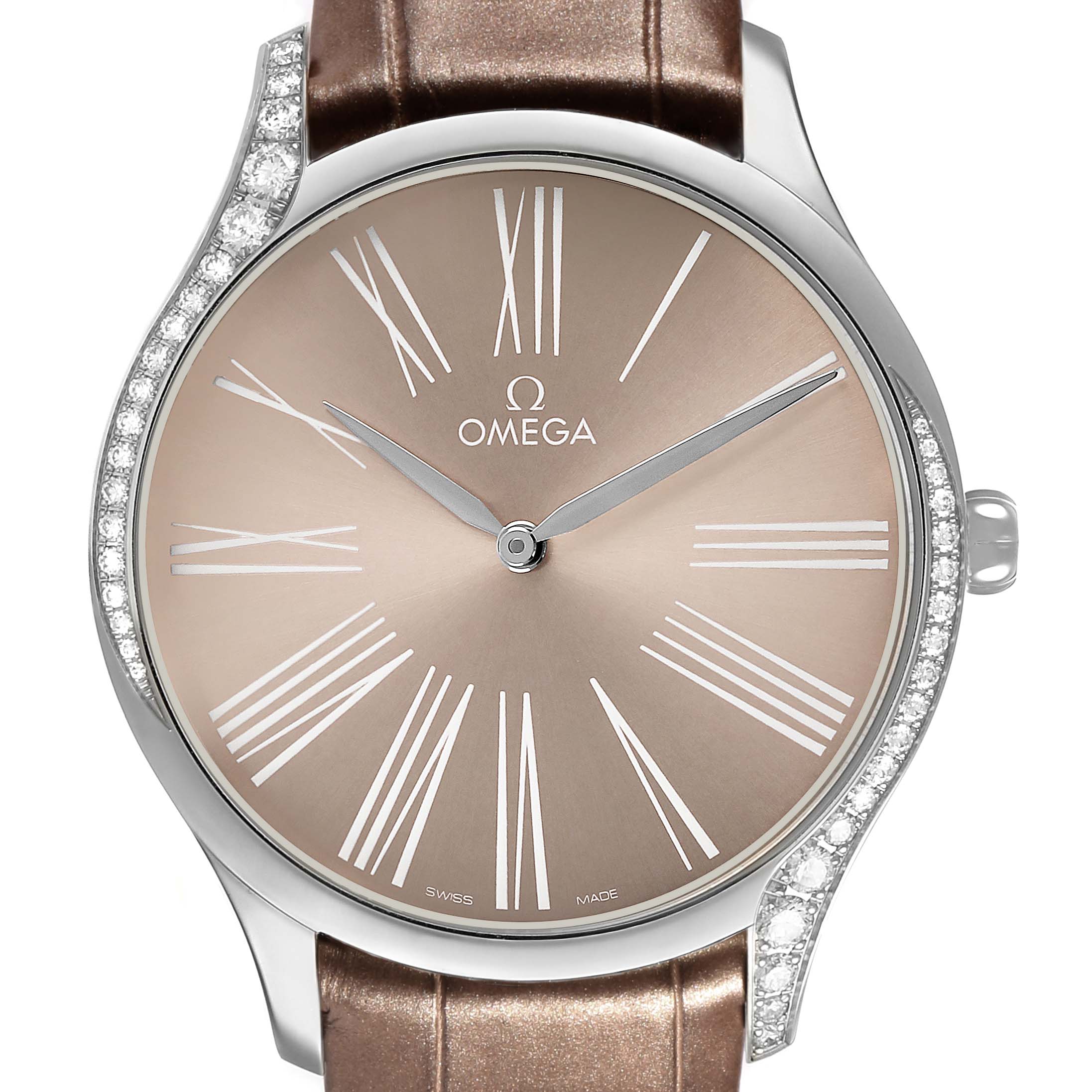 The Omega 428.18.39.60.13.001 Women's Stainless Steel Beige Dial DeVille Tresor Steel Diamond Ladies Watch is shown from a front angle, highlighting its face and diamond accents on the sides.