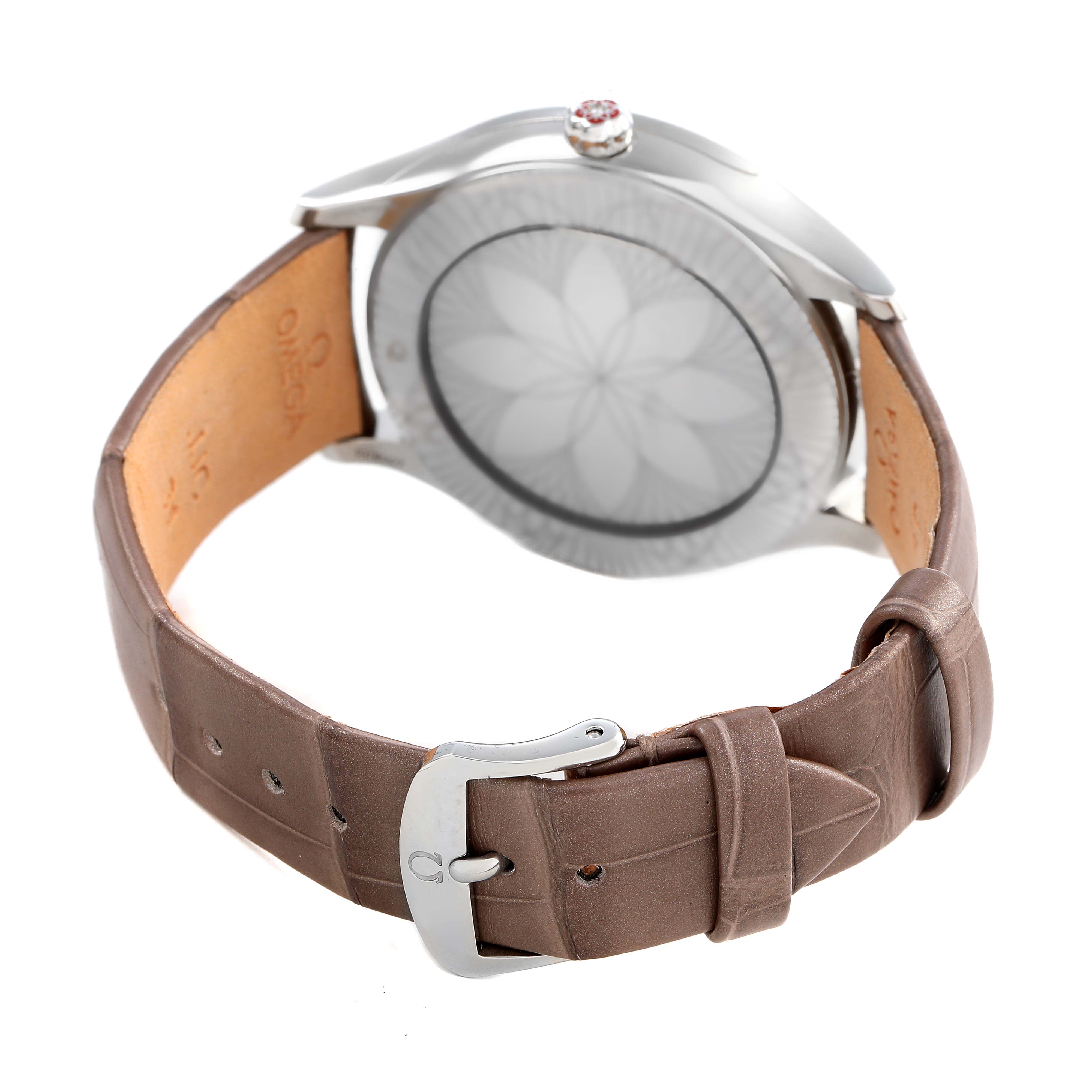 The image shows the back of the Omega 428.18.39.60.13.001 Women's Stainless Steel Beige Dial DeVille Tresor Steel Diamond Ladies Watch, displaying the strap and buckle.