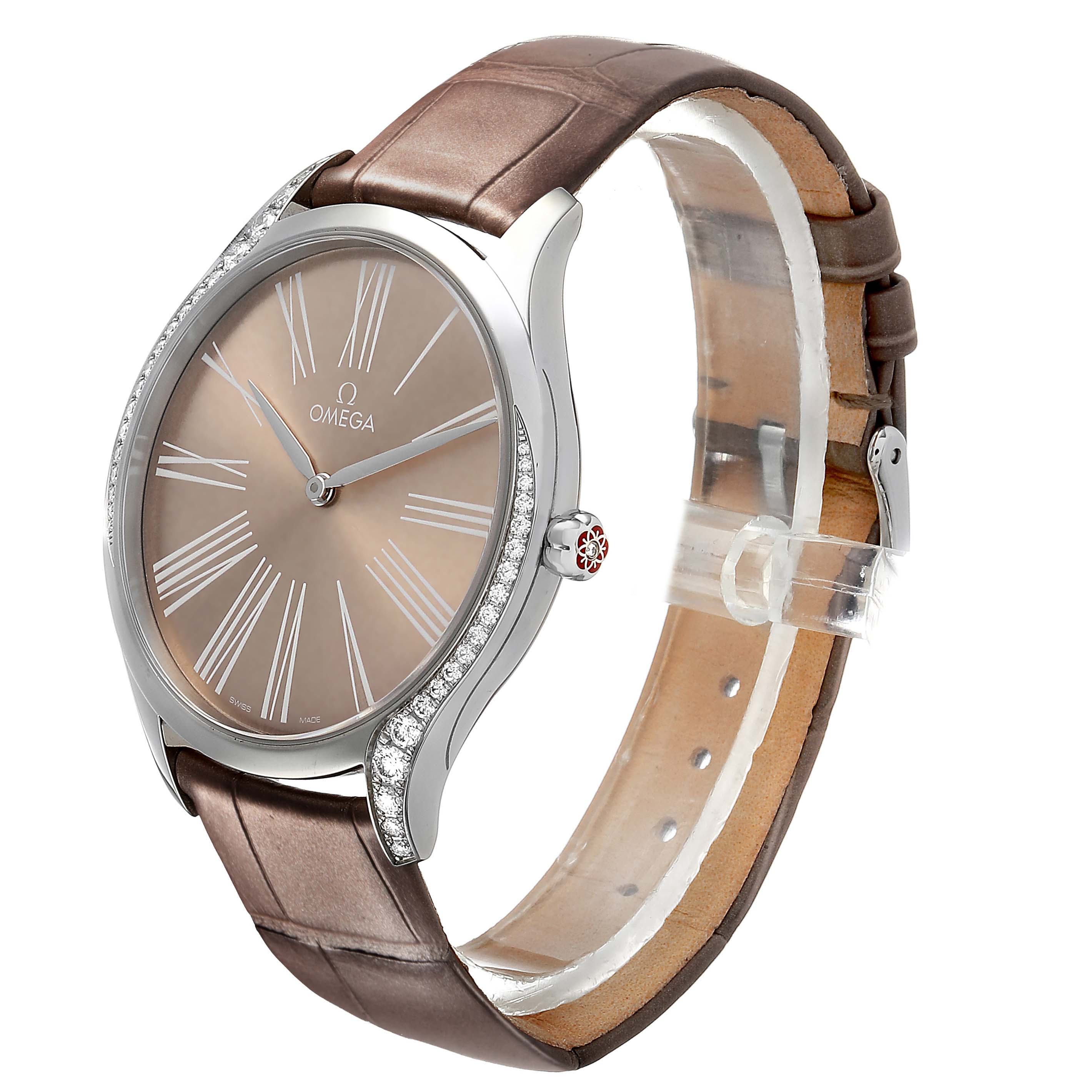 The Omega 428.18.39.60.13.001 Women's Stainless Steel Beige Dial DeVille Tresor Steel Diamond Ladies Watch is shown at a slight angle displaying the dial, bezel, strap, and diamond accents.