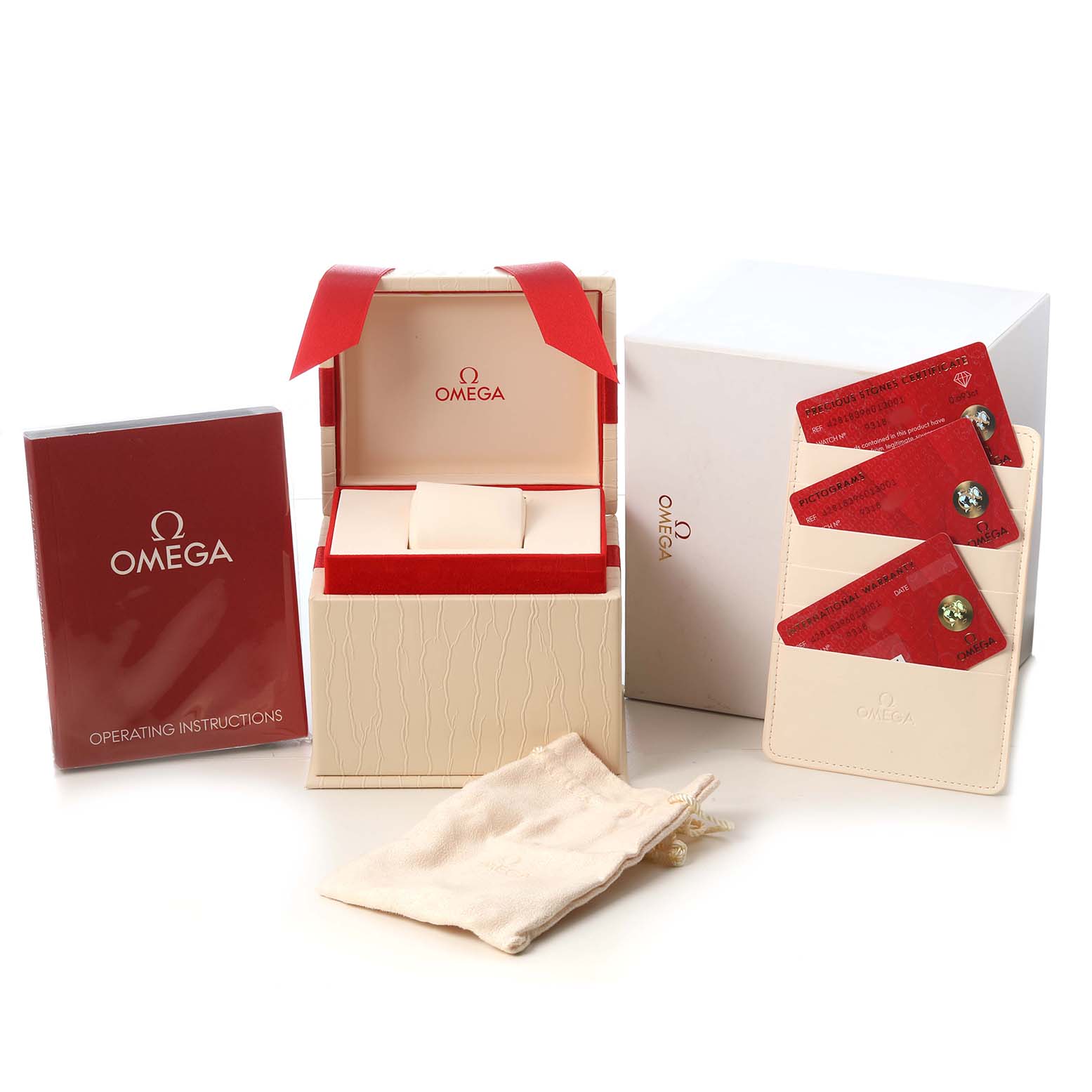 The image shows the Omega 428.18.39.60.13.001 Women's Stainless Steel Beige Dial DeVille Tresor Steel Diamond Ladies Watch box, with cards, a pouch, and instruction manual.