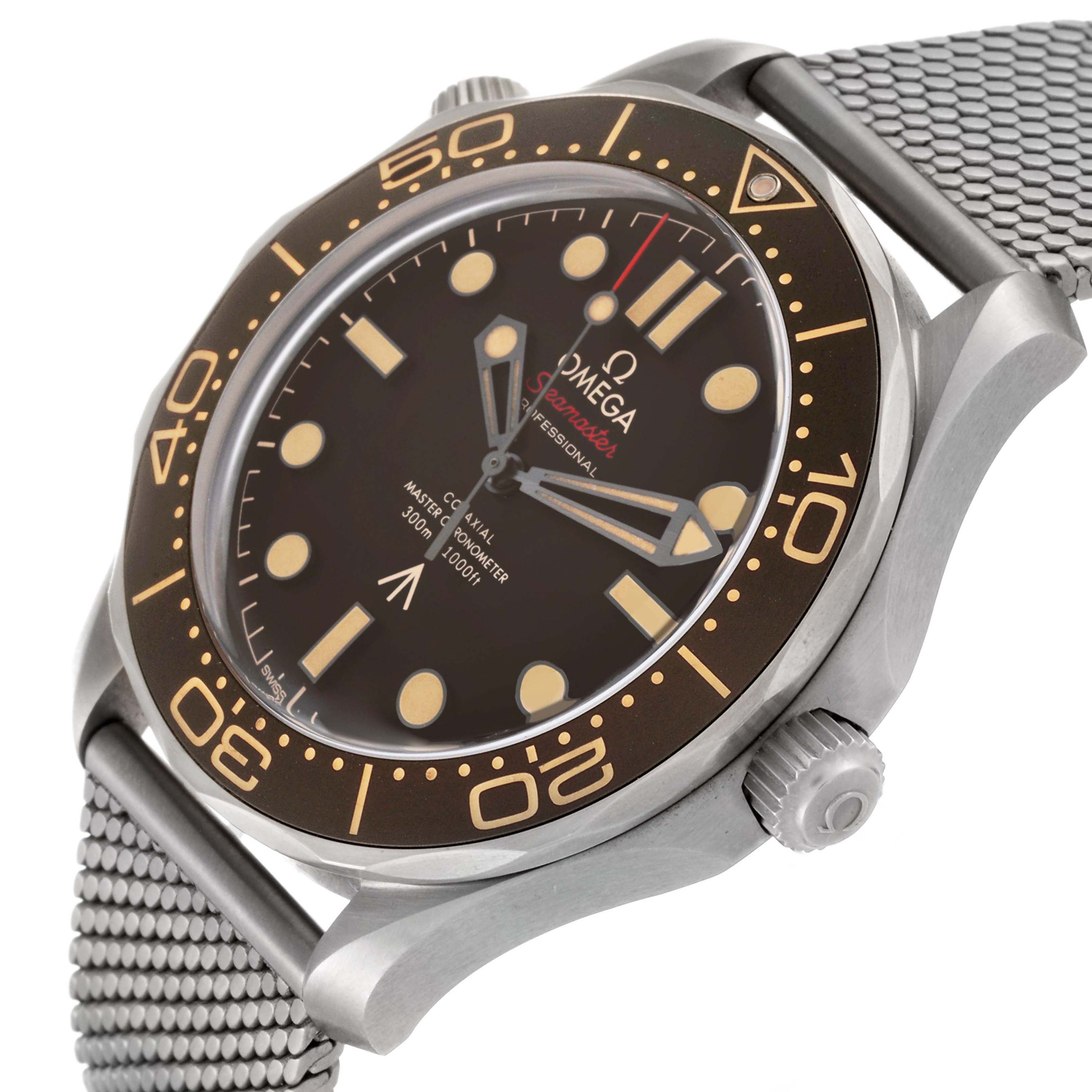 The Omega Seamaster 210.90.42.20.01.001 Men's Titanium Brown Dial 210.90.42.20.01.001 Men's Titanium Brown Dial watch is shown from an angled side view, highlighting its dial, bezel, crown, and mesh bracelet.
