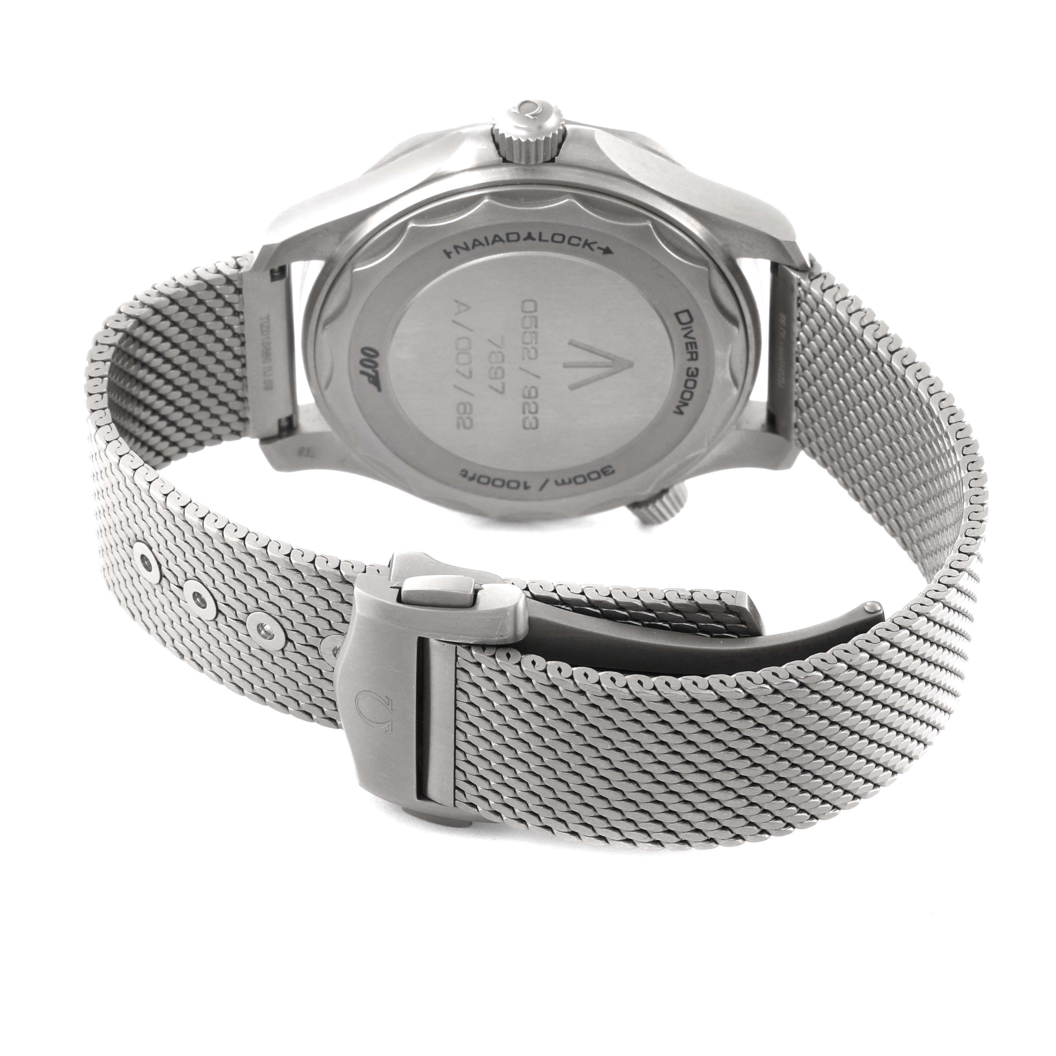 The image shows the backside and the clasp of an Omega Seamaster 210.90.42.20.01.001 Men's Titanium Brown Dial 210.90.42.20.01.001 Men's Titanium Brown Dial watch with a metal mesh strap.