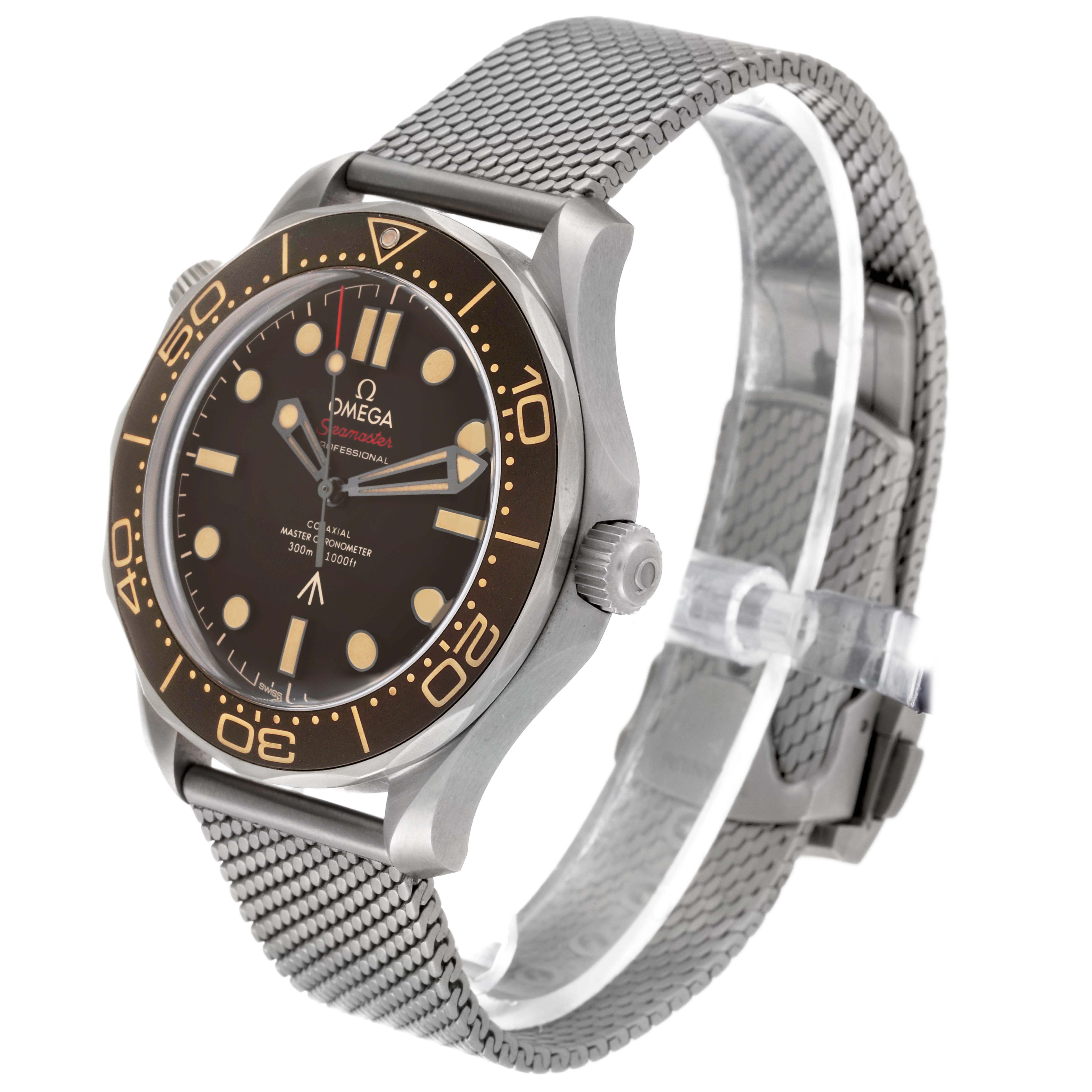 The Omega Seamaster 210.90.42.20.01.001 Men's Titanium Brown Dial 210.90.42.20.01.001 Men's Titanium Brown Dial watch is shown in a side angle, highlighting the face, bezel, crown, and mesh bracelet.