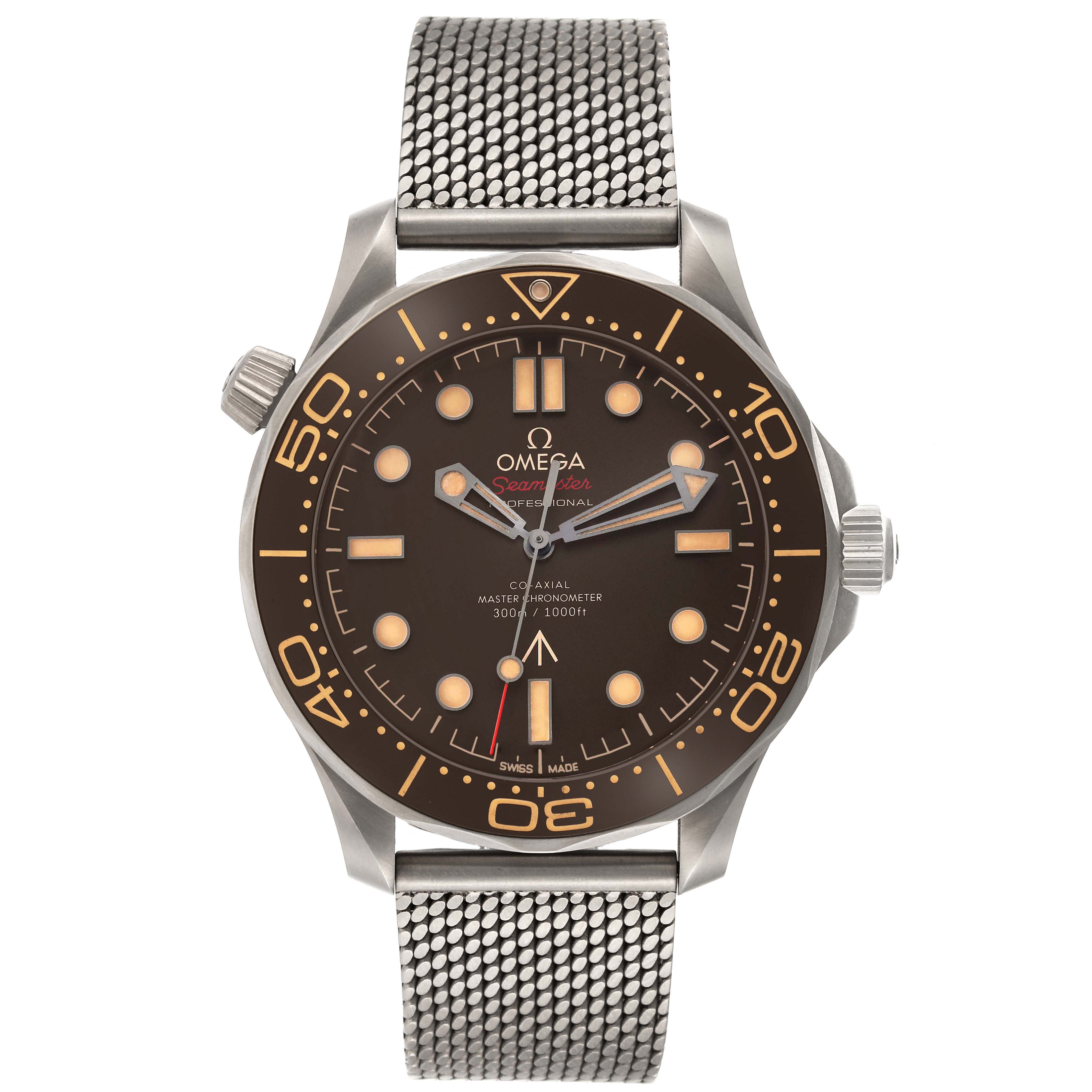 The image shows a front view of an Omega Seamaster 210.90.42.20.01.001 Men's Titanium Brown Dial 210.90.42.20.01.001 Men's Titanium Brown Dial watch, highlighting its dial, bezel, hands, and mesh bracelet.