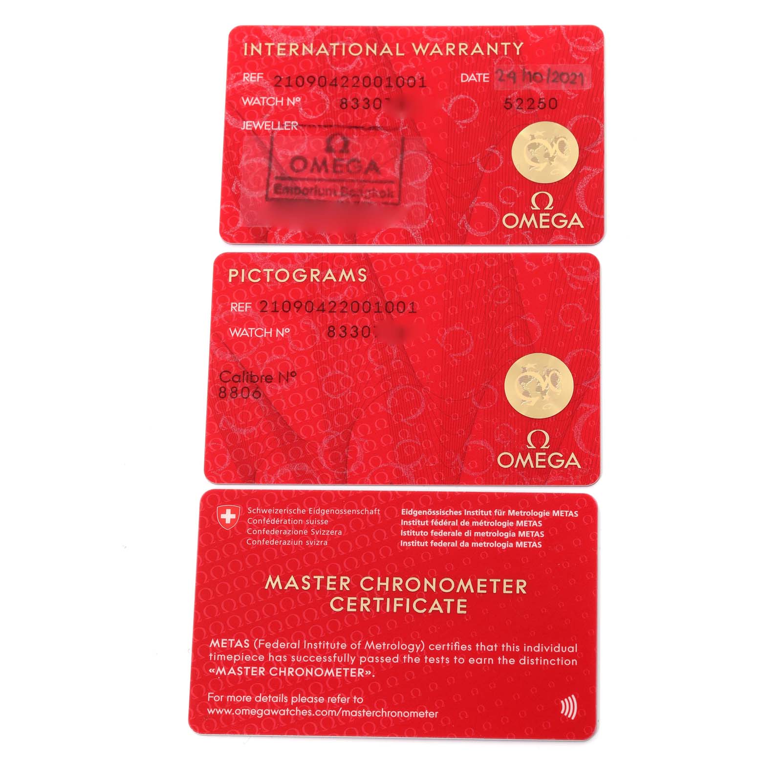 The image shows warranty, pictogram, and Master Chronometer certificates for an Omega Seamaster 210.90.42.20.01.001 Men's Titanium Brown Dial 210.90.42.20.01.001 Men's Titanium Brown Dial model.