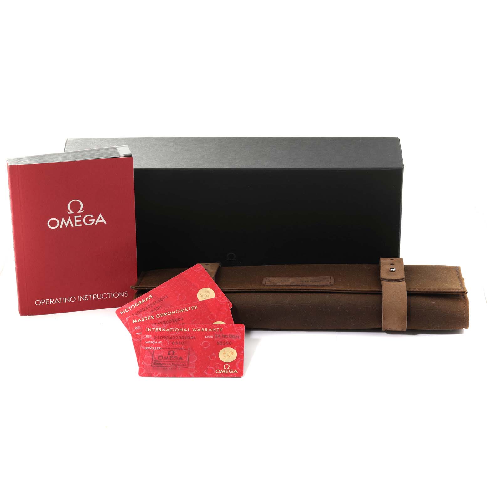 This image shows the Omega Seamaster 210.90.42.20.01.001 Men's Titanium Brown Dial 210.90.42.20.01.001 Men's Titanium Brown Dial model's packaging, operating instructions, warranty, and carrying case, from a front angle.