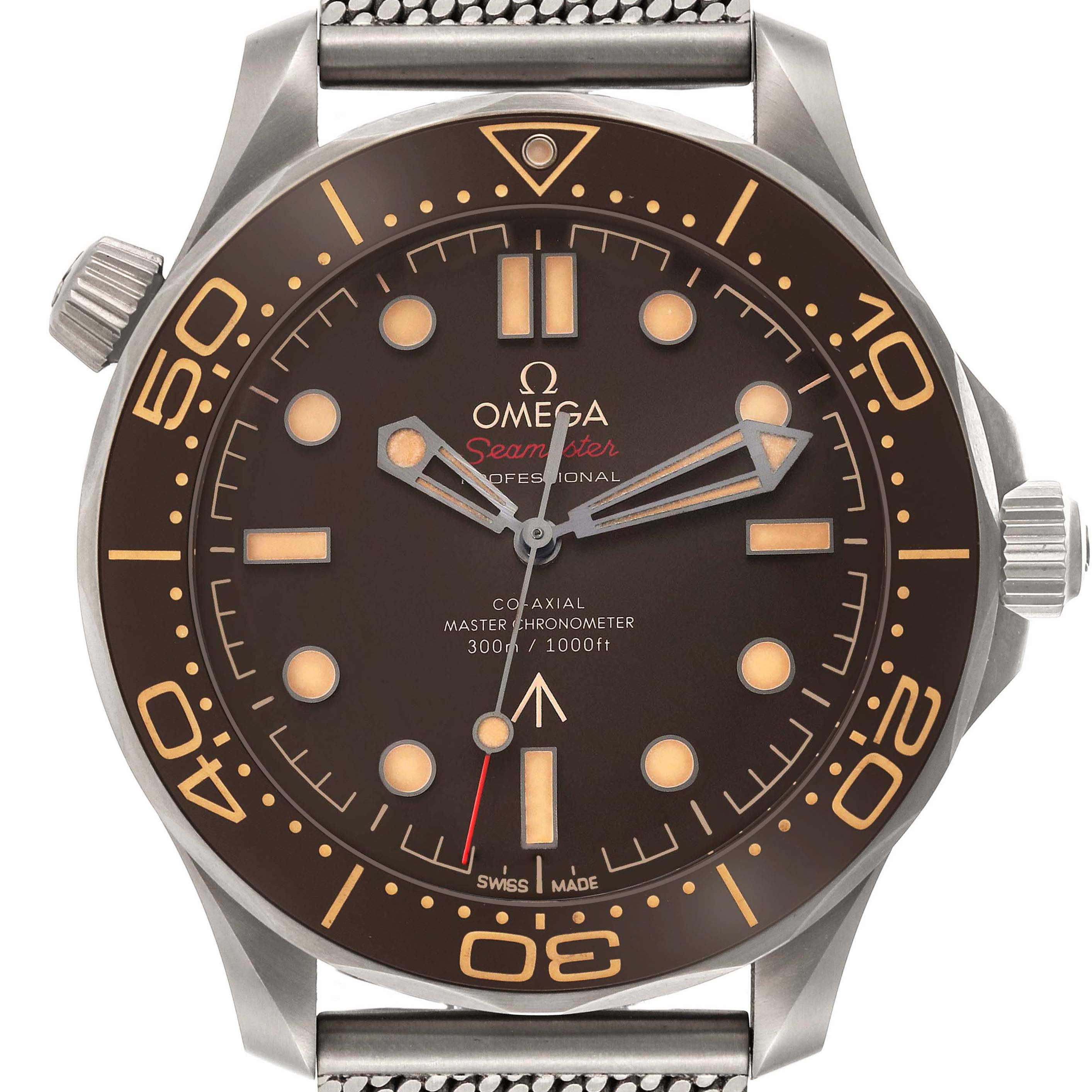 The image shows a front view of the Omega Seamaster 210.90.42.20.01.001 Men's Titanium Brown Dial 210.90.42.20.01.001 Men's Titanium Brown Dial's dial, bezel, and crown.