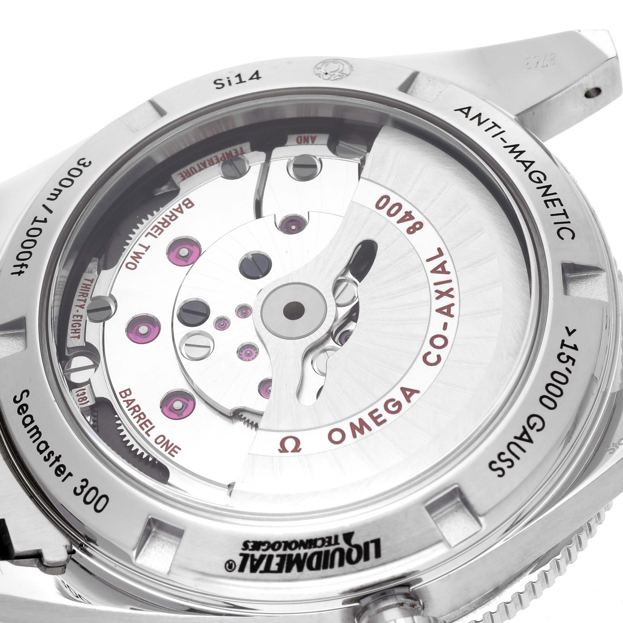 The image shows the back of an Omega Seamaster 233.30.41.21.01.001 Men
s Stainless Steel Black Dial 233.30.41.21.01.001 Men
s Stainless Steel Black Dial watch, highlighting the Co-Axial movement and transparent case back.