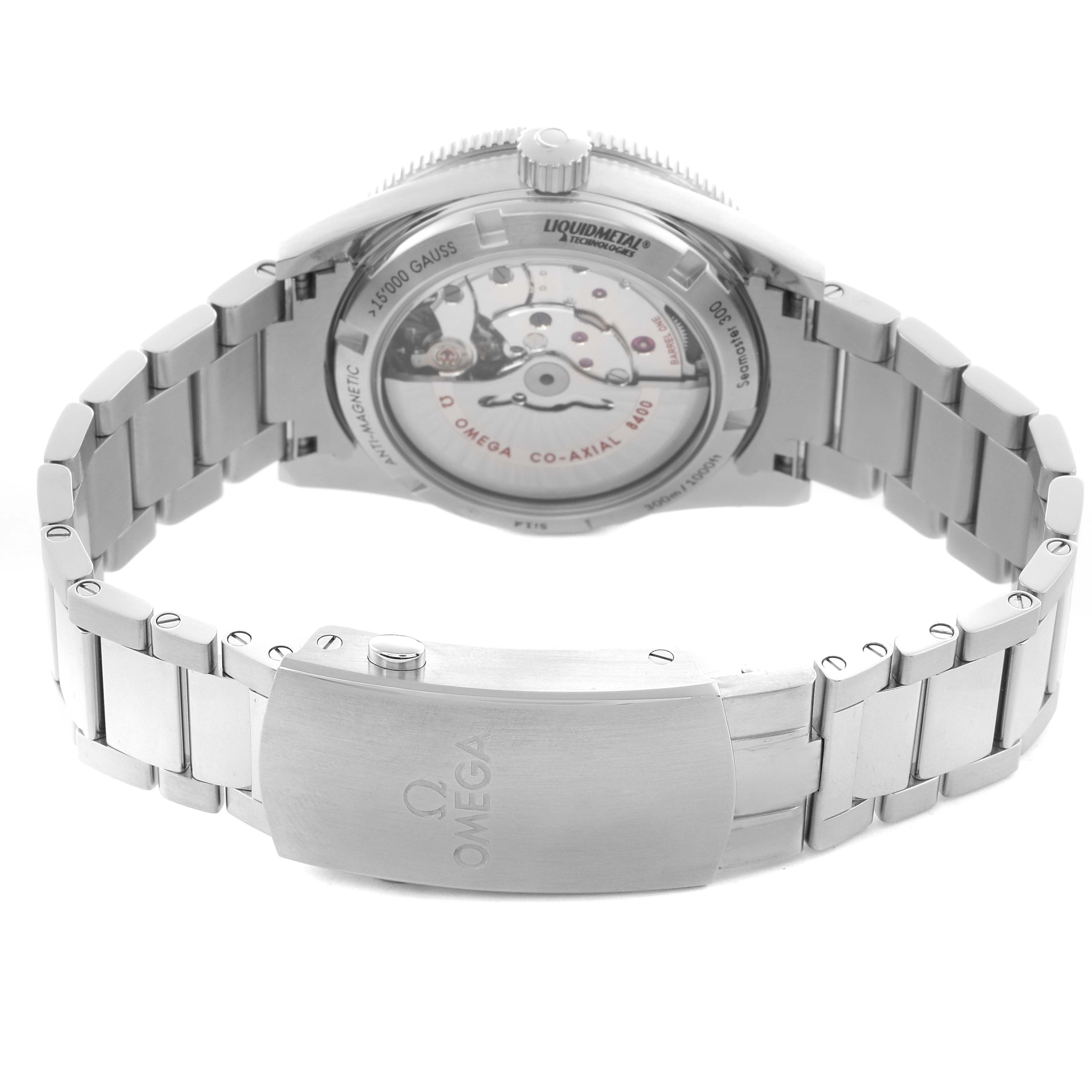 The Omega Seamaster 233.30.41.21.01.001 Men
s Stainless Steel Black Dial 233.30.41.21.01.001 Men
s Stainless Steel Black Dial is shown from the back, displaying the transparent case back and metal bracelet with the clasp.