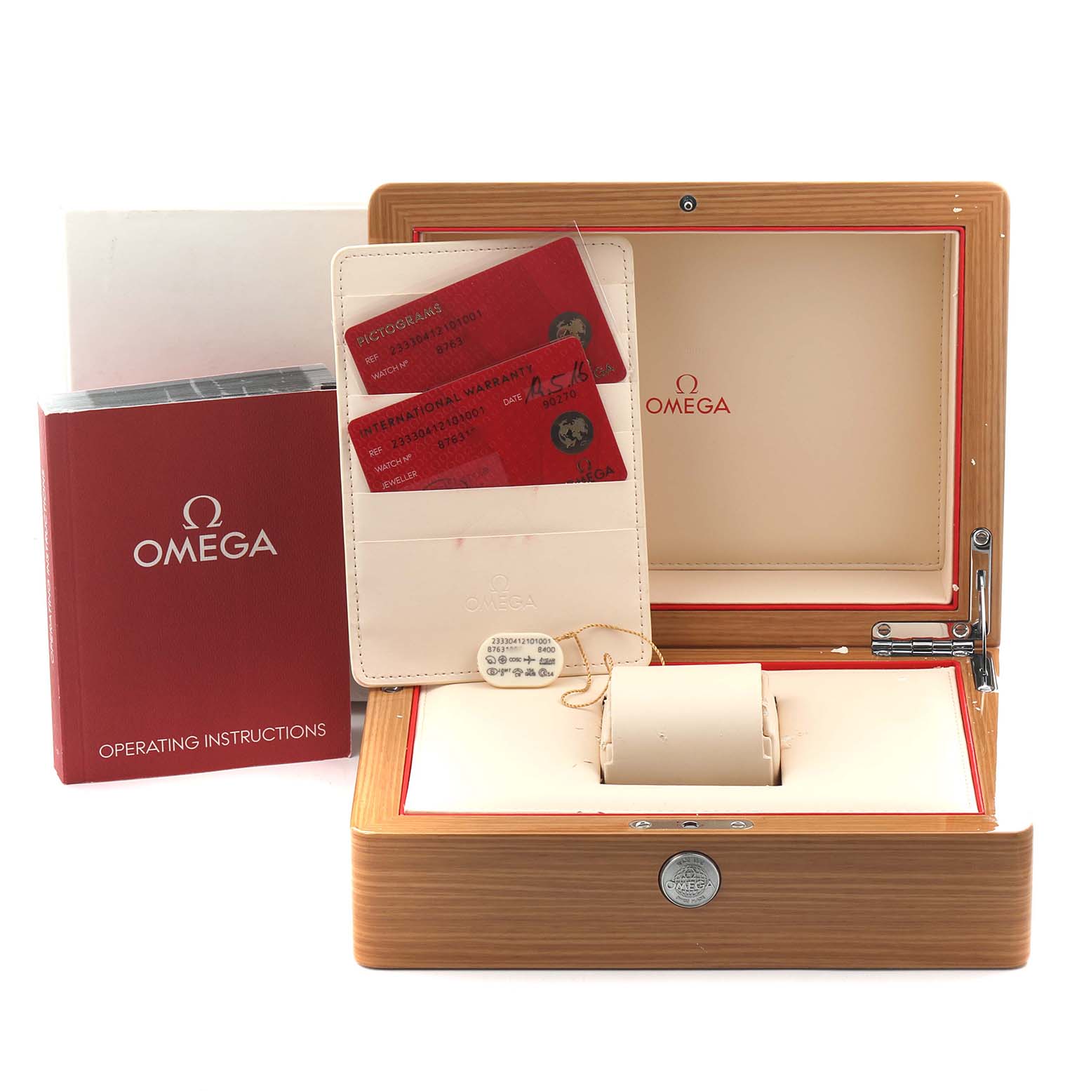 The image shows an Omega Seamaster 233.30.41.21.01.001 Men
s Stainless Steel Black Dial 233.30.41.21.01.001 Men
s Stainless Steel Black Dial watch box, warranty cards, and a manual, viewed from the front.