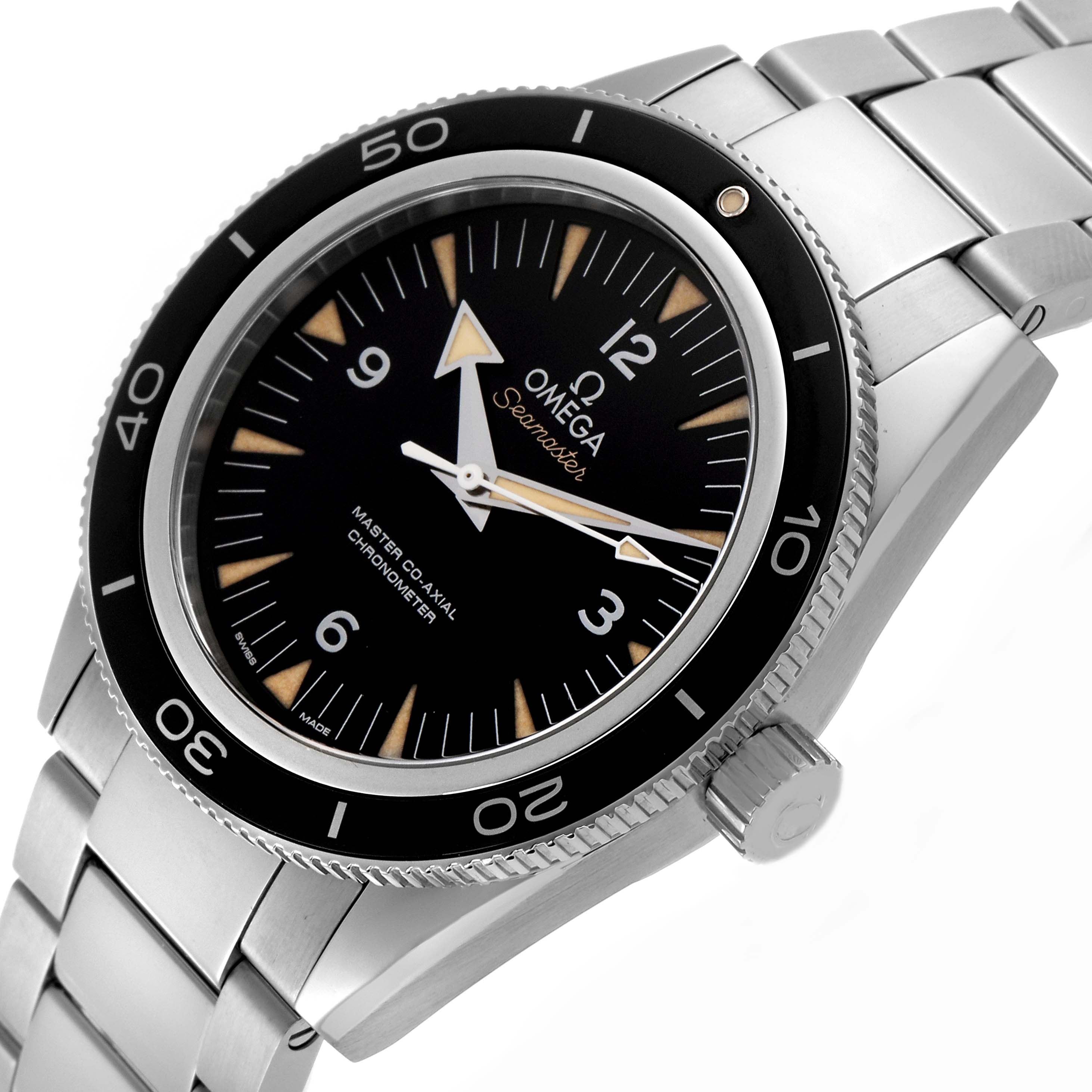 The Omega Seamaster 233.30.41.21.01.001 Men
s Stainless Steel Black Dial 233.30.41.21.01.001 Men
s Stainless Steel Black Dial watch is shown at a slight angle, highlighting the dial, bezel, crown, and part of the bracelet.