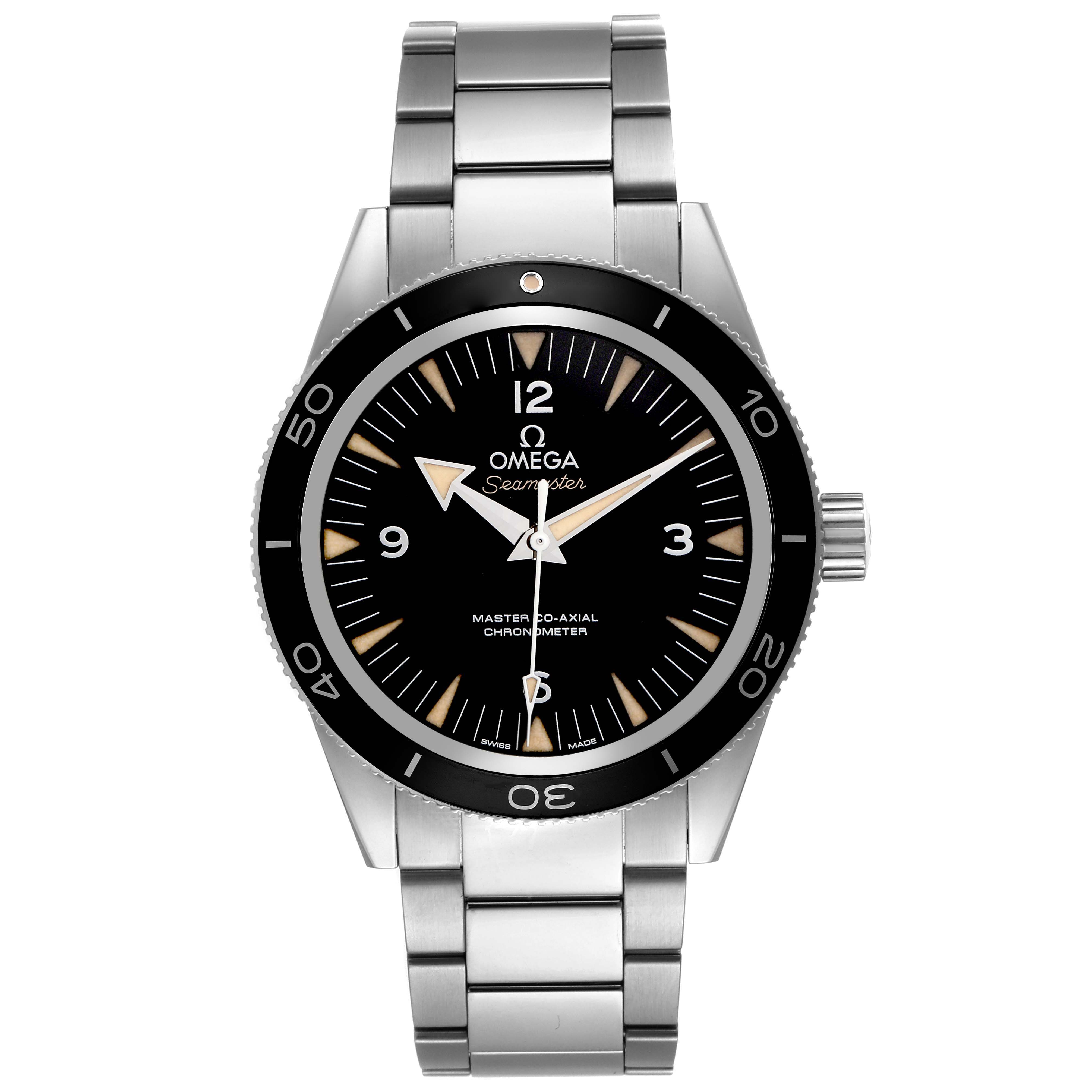 The Omega Seamaster 233.30.41.21.01.001 Men
s Stainless Steel Black Dial 233.30.41.21.01.001 Men
s Stainless Steel Black Dial watch is shown from a top-down angle, highlighting its face, bezel, and stainless steel bracelet.
