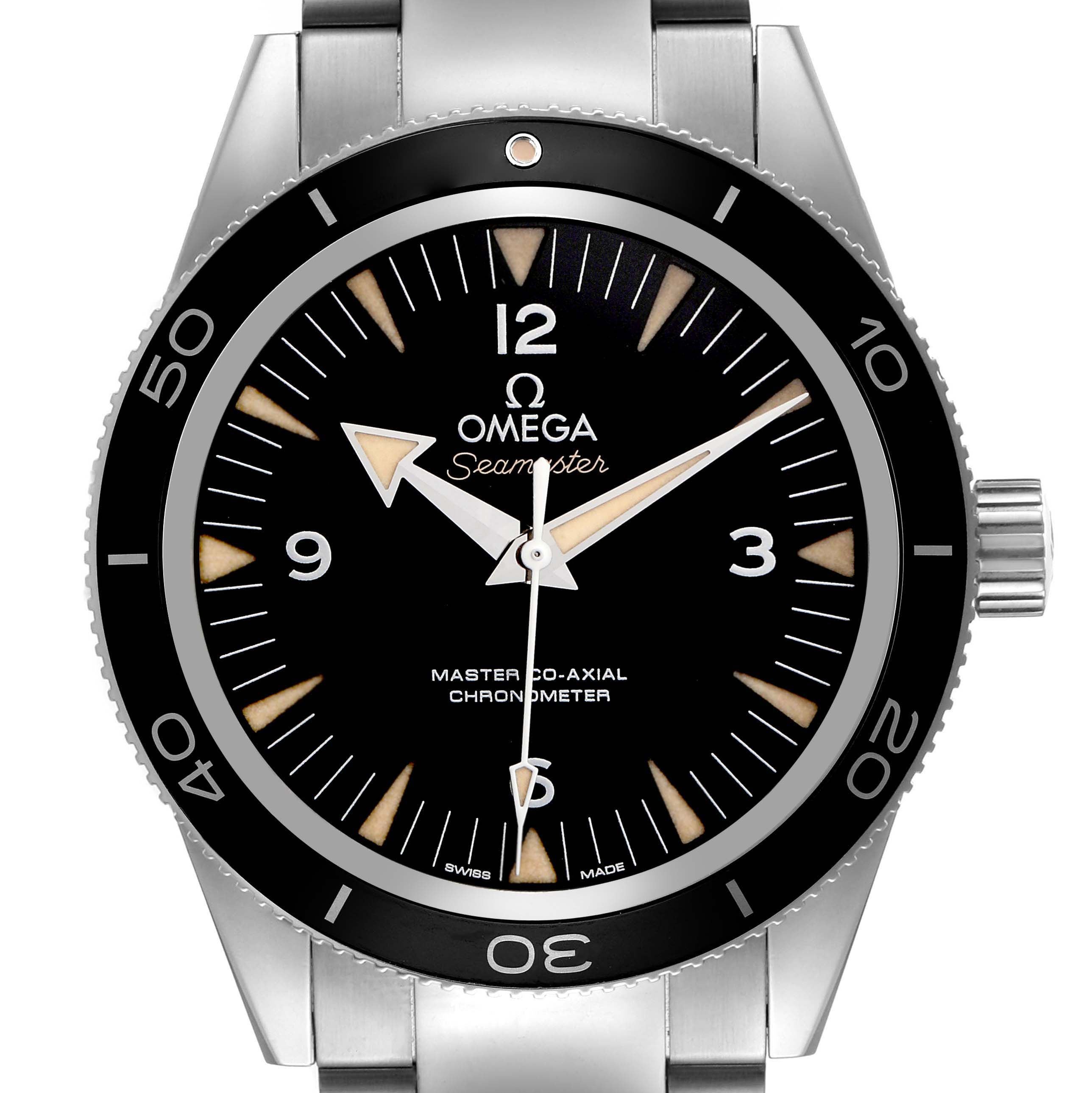 The Omega Seamaster 233.30.41.21.01.001 Men
s Stainless Steel Black Dial 233.30.41.21.01.001 Men
s Stainless Steel Black Dial watch is shown from the front, highlighting the dial, bezel, crown, and a portion of the bracelet.