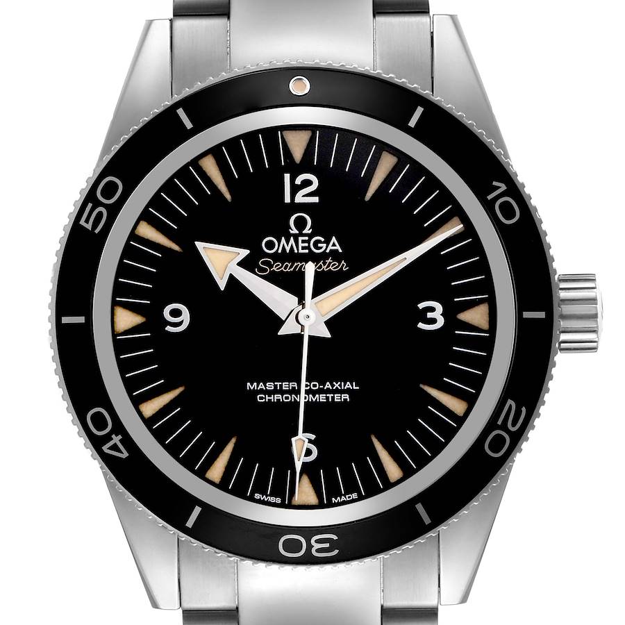The Omega Seamaster watch is shown from the front, highlighting the dial, bezel, crown, and a portion of the bracelet.