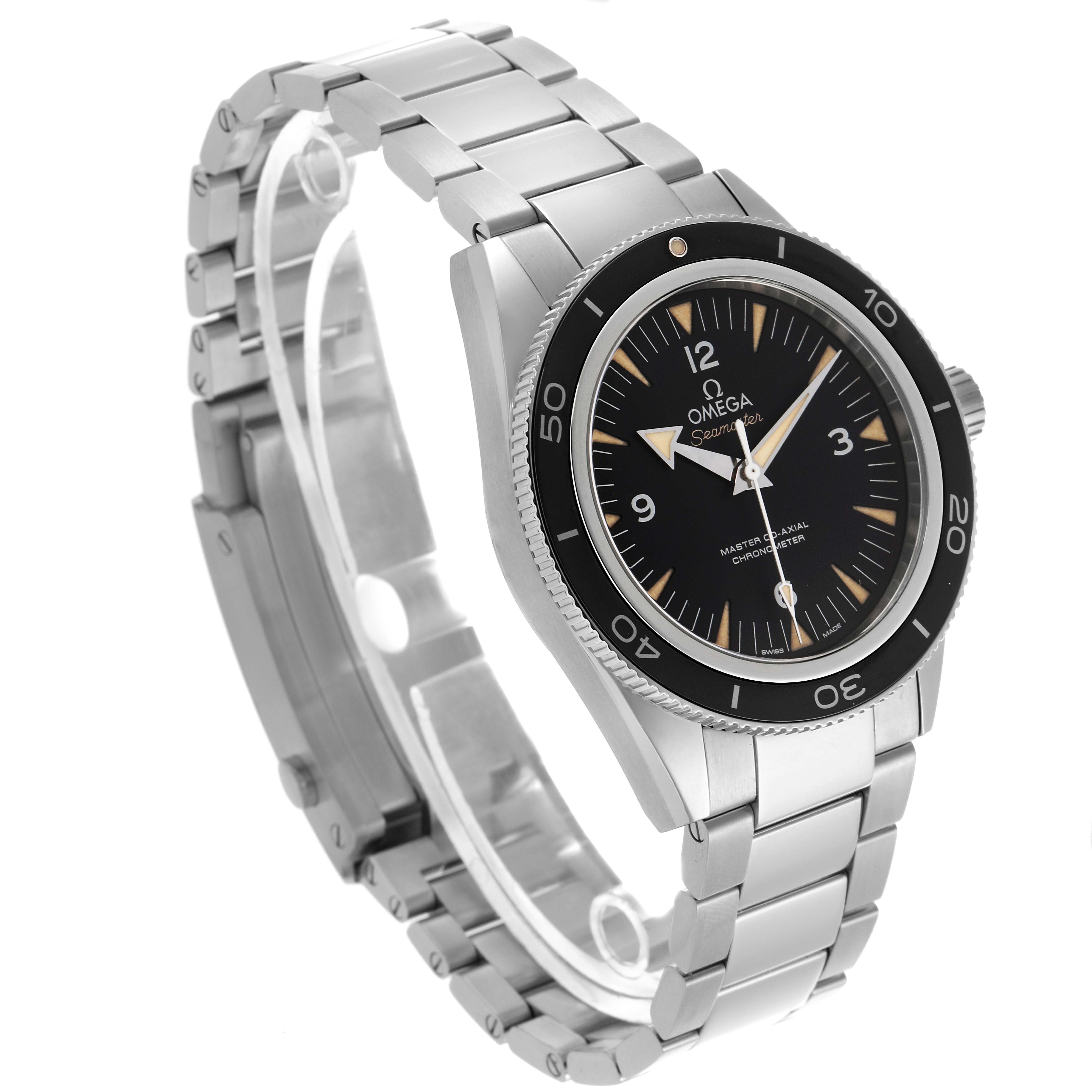 The Omega Seamaster 233.30.41.21.01.001 Men
s Stainless Steel Black Dial 233.30.41.21.01.001 Men
s Stainless Steel Black Dial watch is shown from a three-quarter angle, highlighting the face, bezel, and stainless steel bracelet.