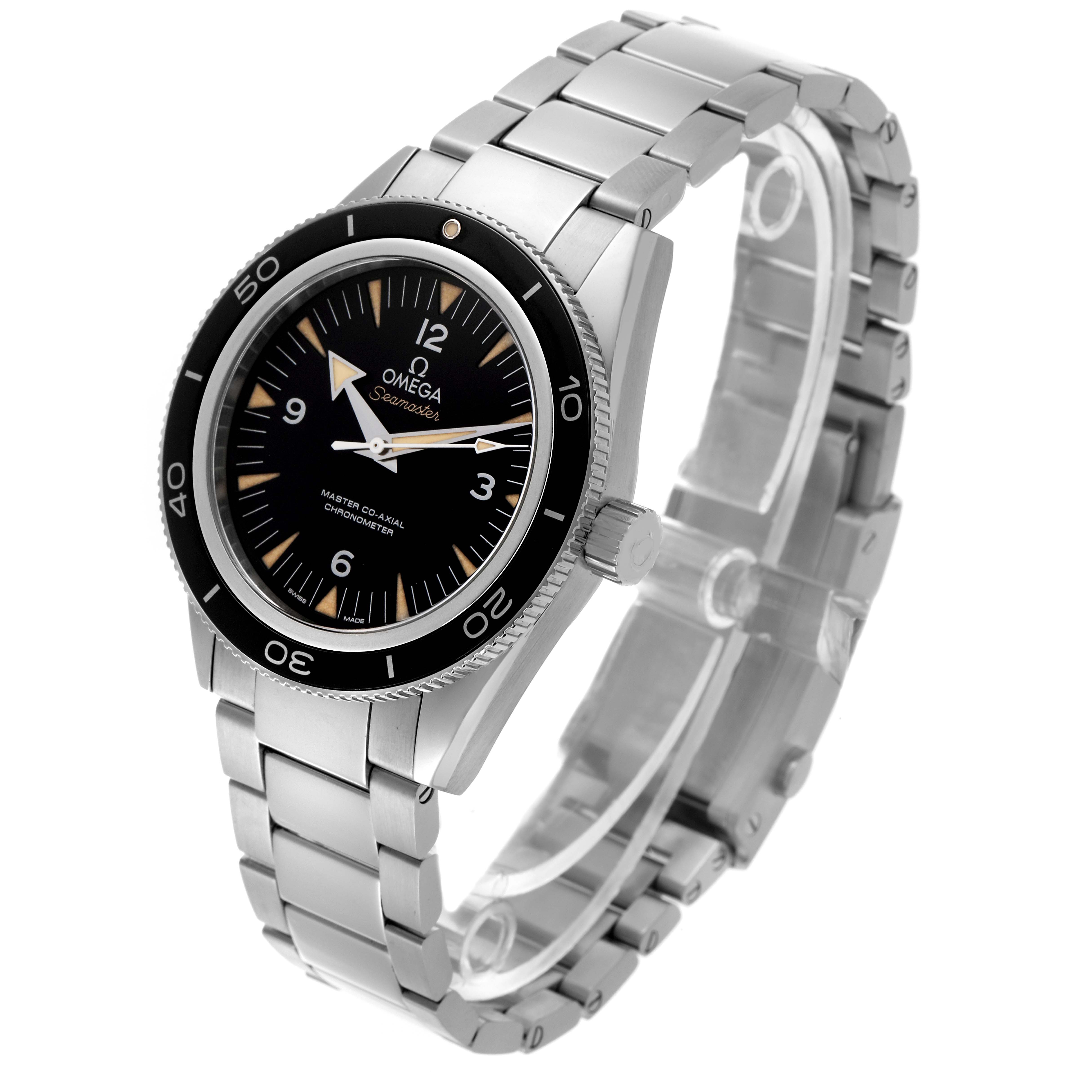 The Omega Seamaster 233.30.41.21.01.001 Men
s Stainless Steel Black Dial 233.30.41.21.01.001 Men
s Stainless Steel Black Dial watch is shown in a three-quarter view, displaying its face, bezel, crown, and bracelet.