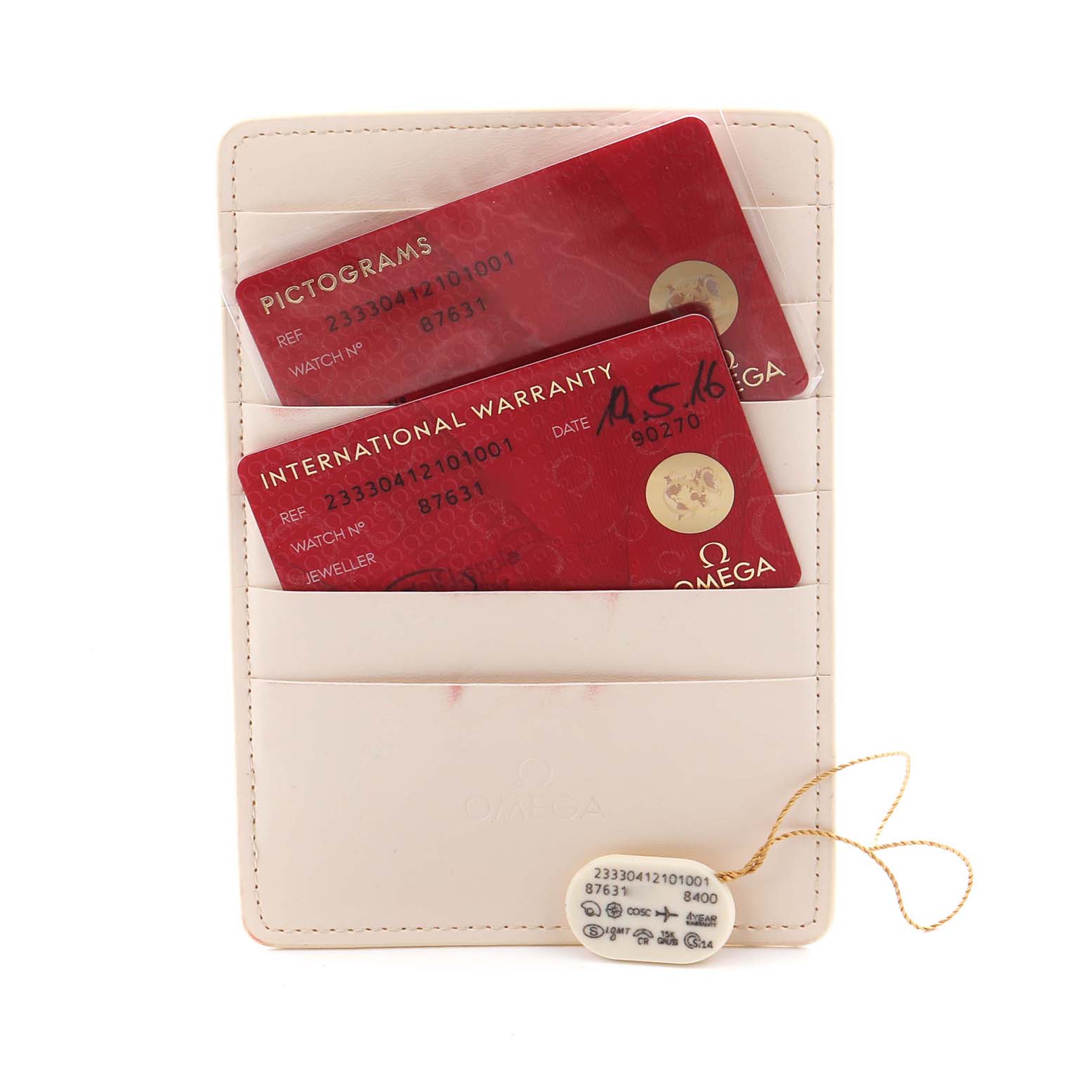 The image shows warranty and pictogram cards for an Omega Seamaster 233.30.41.21.01.001 Men
s Stainless Steel Black Dial 233.30.41.21.01.001 Men
s Stainless Steel Black Dial, along with a tag, displayed front on in a cardholder.