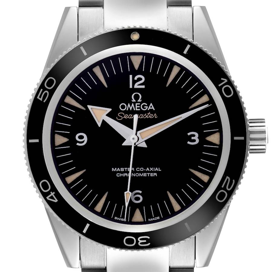 The Omega Seamaster watch is shown from the front, displaying its dial, bezel, and part of the metal bracelet.