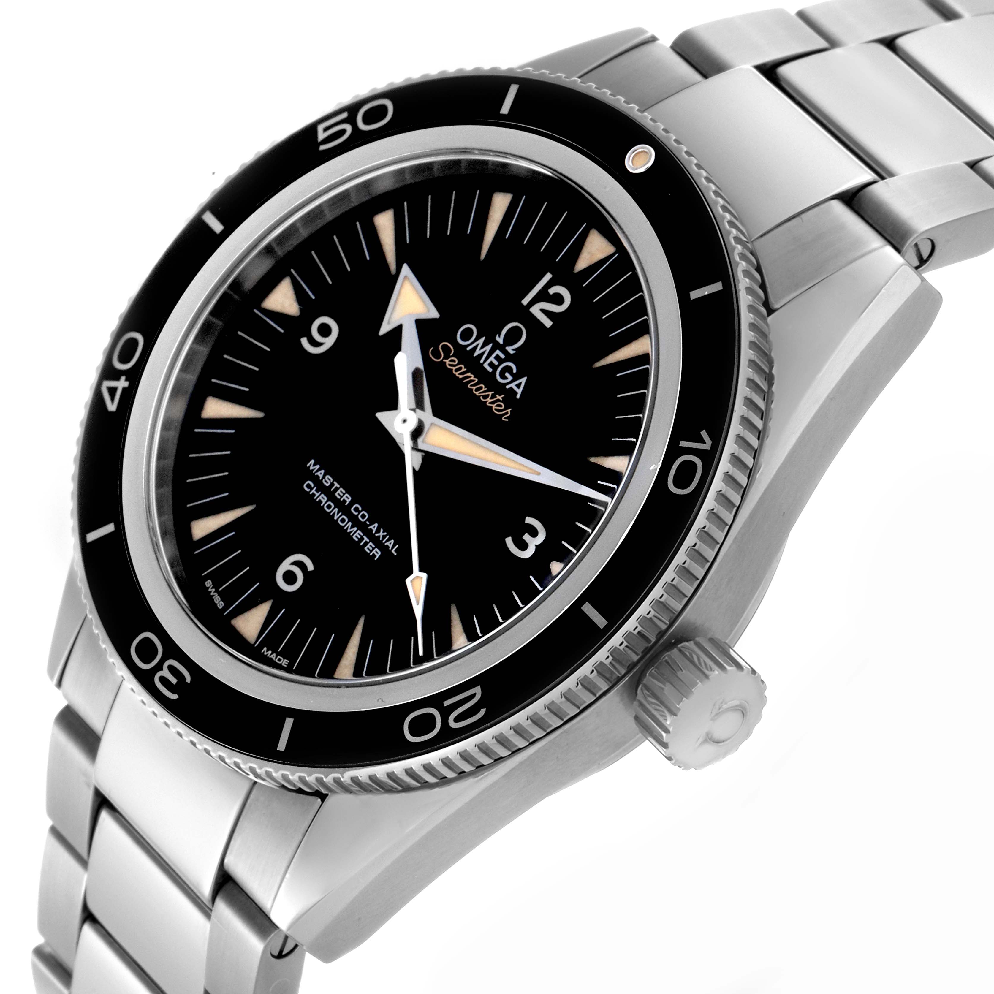 The Omega Seamaster 233.30.41.21.01.001 Men
s Stainless Steel Black Dial 233.30.41.21.01.001 Men
s Stainless Steel Black Dial watch is shown at an angled view, highlighting the bezel, dial, crown, and part of the bracelet.