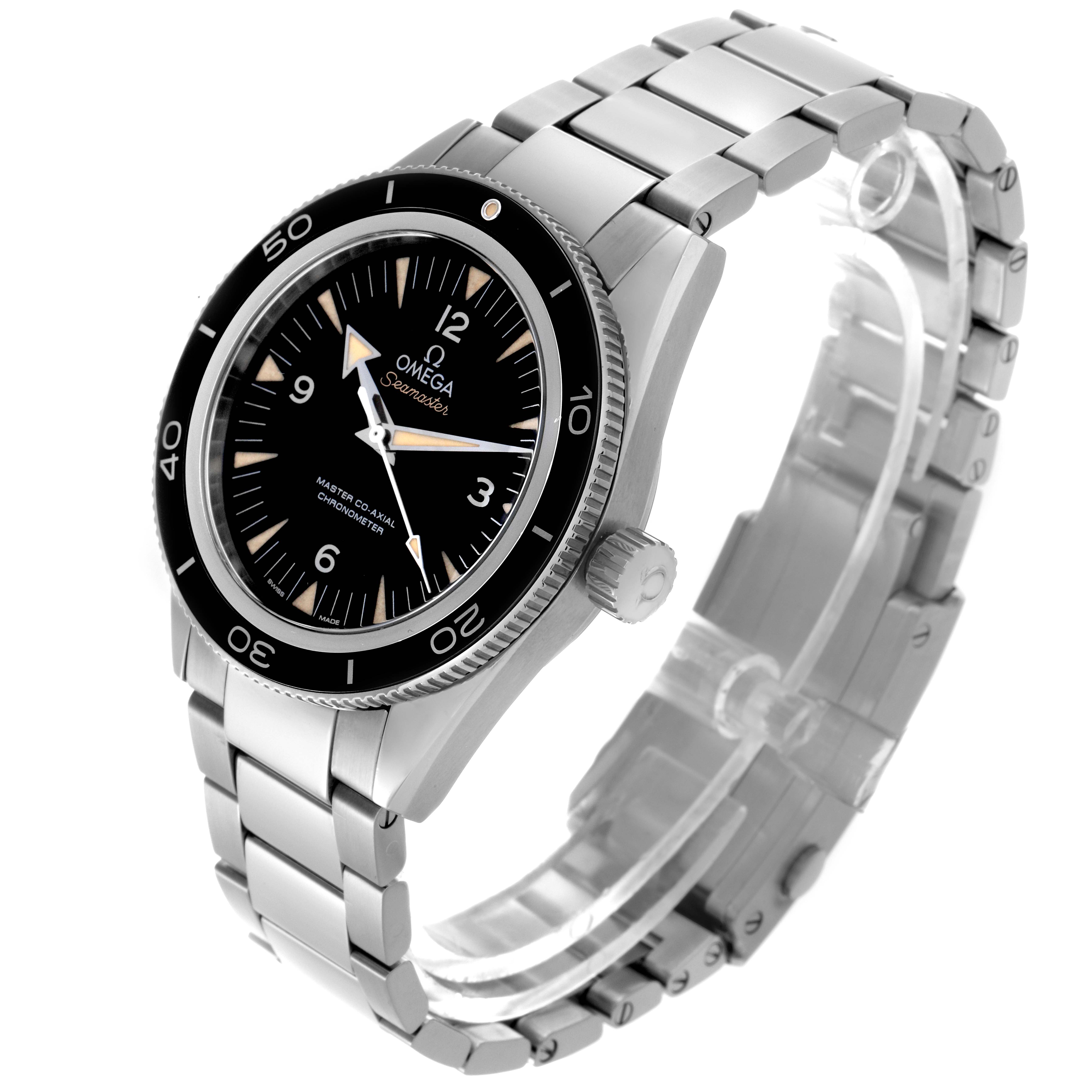 The Omega Seamaster 233.30.41.21.01.001 Men
s Stainless Steel Black Dial 233.30.41.21.01.001 Men
s Stainless Steel Black Dial watch is shown at a three-quarter angle, highlighting the bezel, crown, and bracelet.