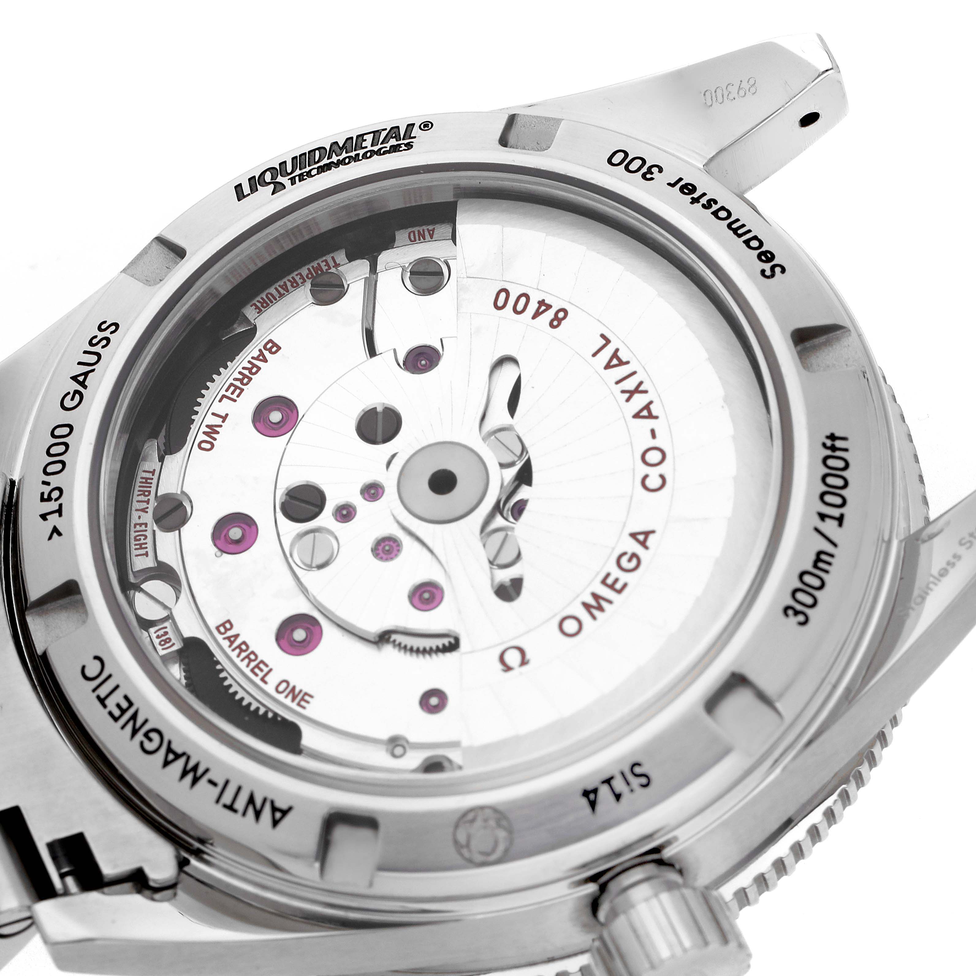 The Omega Seamaster 233.30.41.21.01.001 Men
s Stainless Steel Black Dial 233.30.41.21.01.001 Men
s Stainless Steel Black Dial watch is shown from the back, displaying its movement and case details.