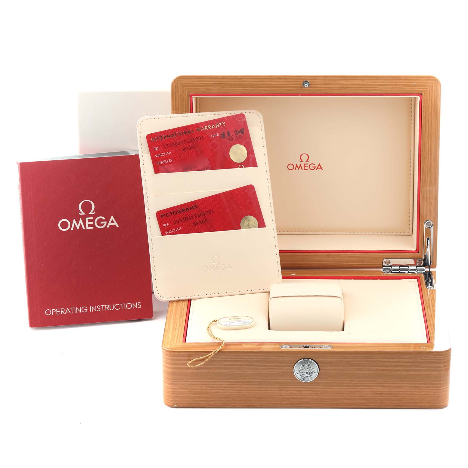 The image shows an Omega Seamaster 233.30.41.21.01.001 Men
s Stainless Steel Black Dial 233.30.41.21.01.001 Men
s Stainless Steel Black Dial watch box, warranty cards, a holder, and operating instructions.