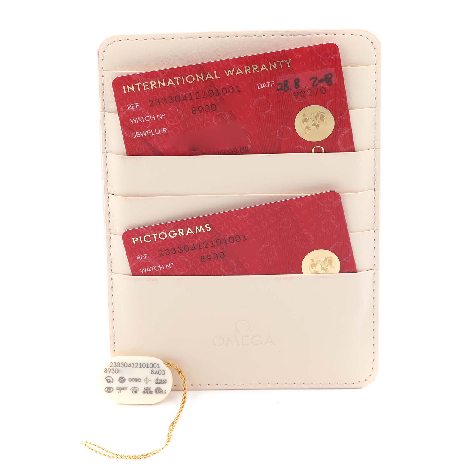 The image shows Omega Seamaster 233.30.41.21.01.001 Men
s Stainless Steel Black Dial 233.30.41.21.01.001 Men
s Stainless Steel Black Dial watch accessories, including warranties in a cardholder and a tag.