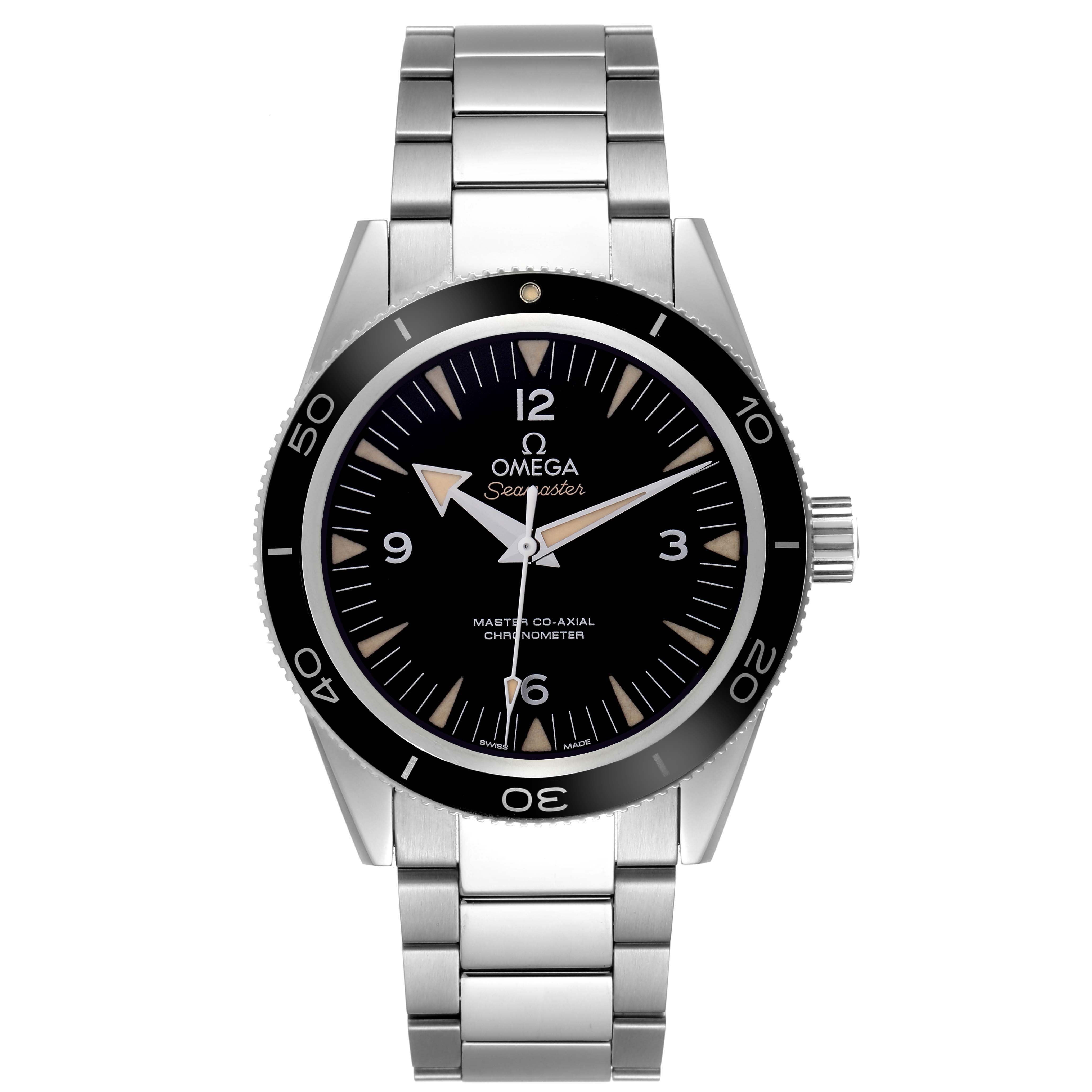 The Omega Seamaster 233.30.41.21.01.001 Men
s Stainless Steel Black Dial 233.30.41.21.01.001 Men
s Stainless Steel Black Dial watch is shown from the front, displaying the dial, bezel, case, and bracelet.