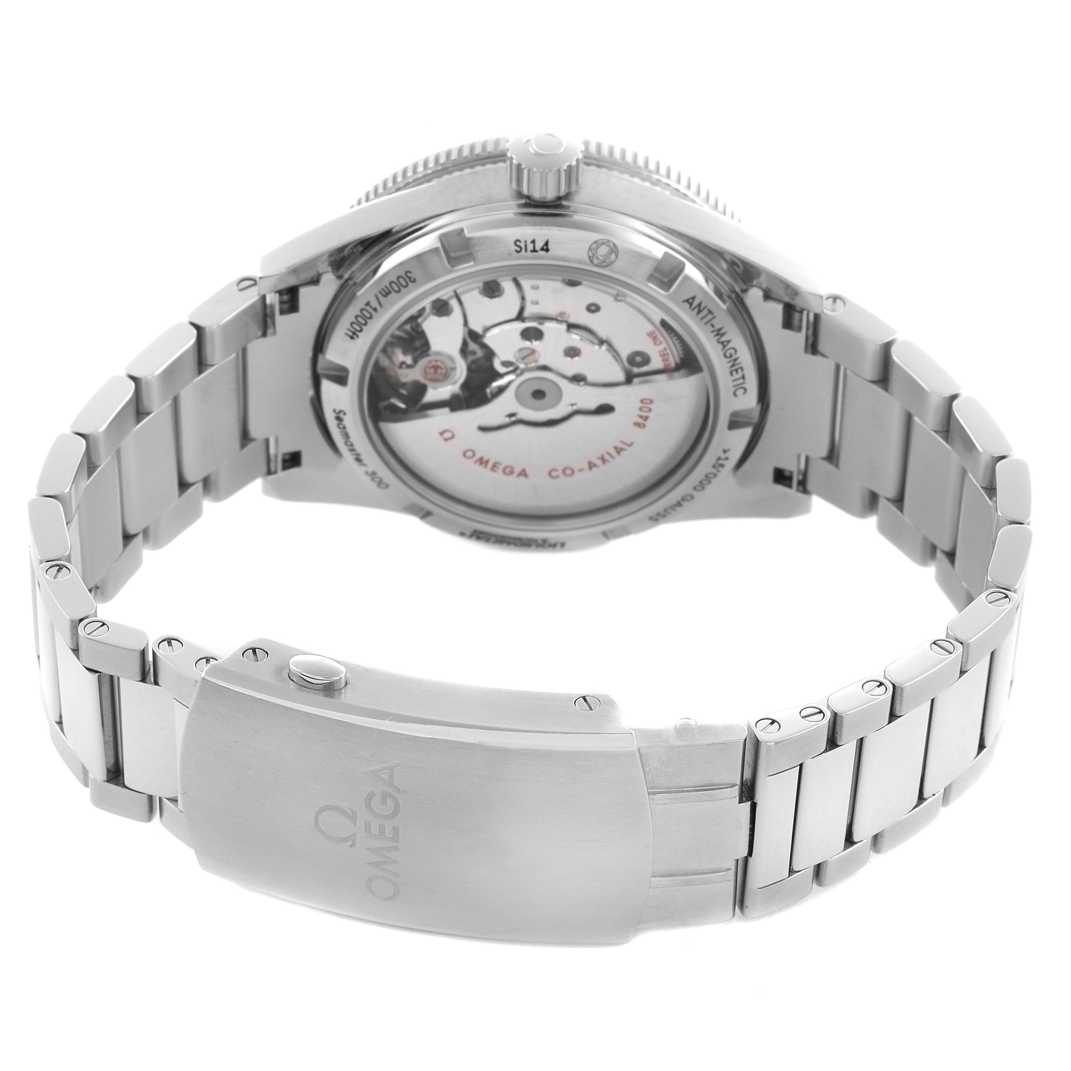 The Omega Seamaster 233.30.41.21.01.001 Men
s Stainless Steel Black Dial 233.30.41.21.01.001 Men
s Stainless Steel Black Dial watch is shown from the back, displaying the open case back and part of the bracelet with the clasp.